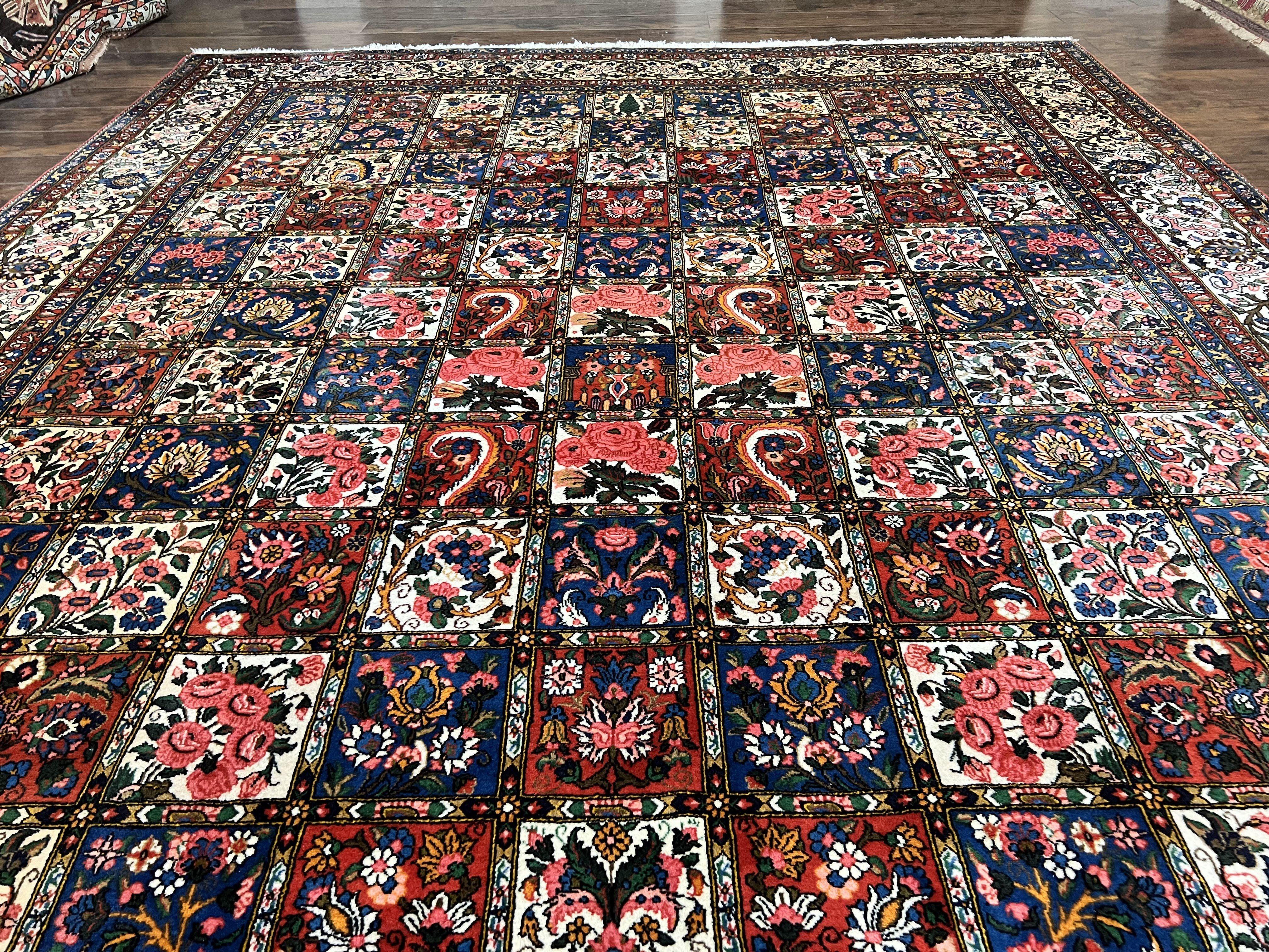 Persian Bakhtiari Rug 10x14, Wool Hand Knotted Vintage Carpet, Multicolor Khesti Panel Design, Large Room Sized Semi Antique Oriental Rug 10 x 14 - Jewel Rugs