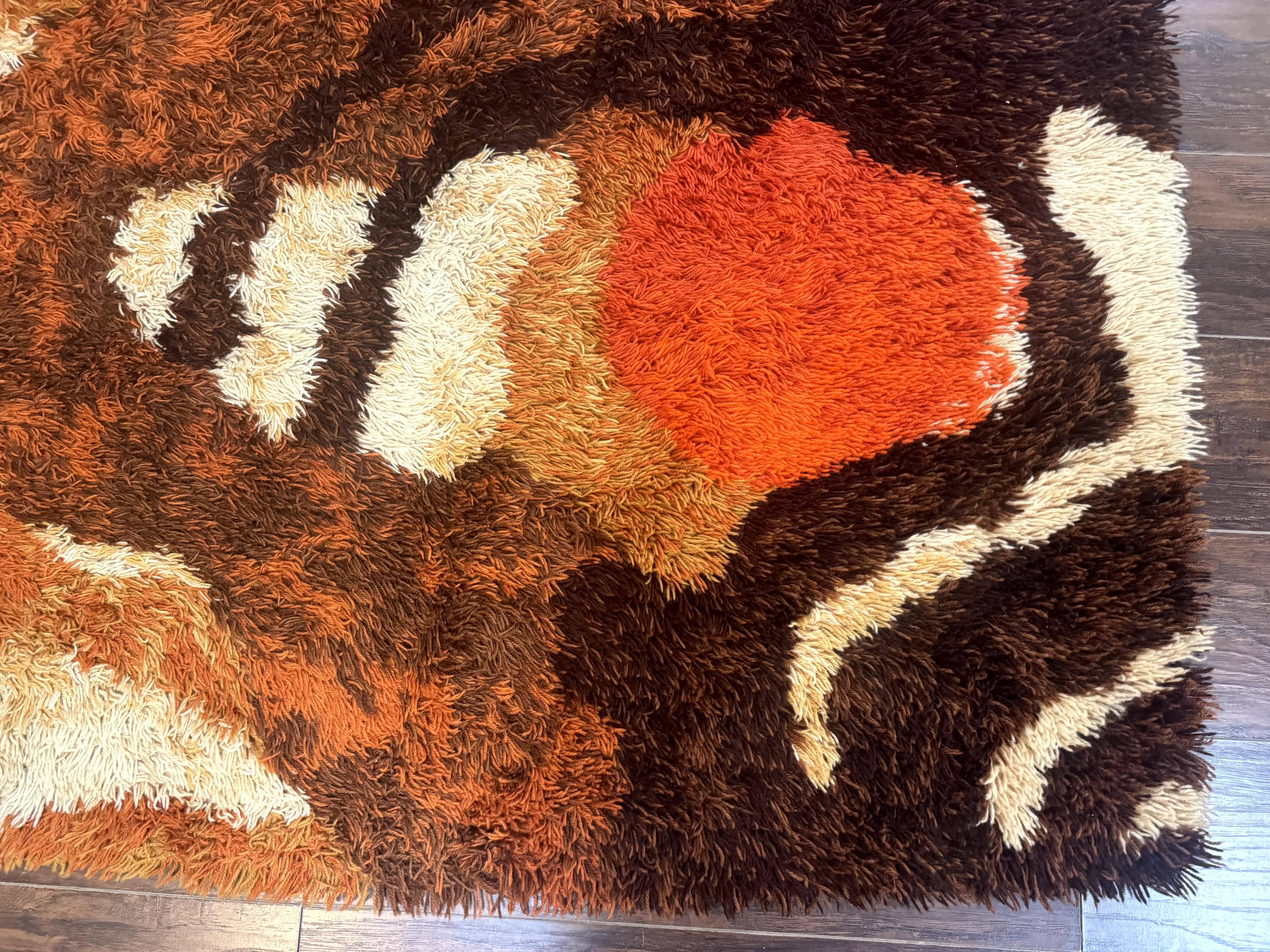 Danish Rya Shag Rug, Mid Century Modern Vintage Retro Abstract Carpet, 5x6, Shades of Brown Cream and Orange - Jewel Rugs