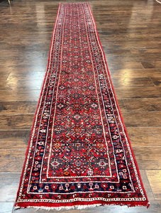 Long Persian Runner Rug 2.9 x 17, Red Handmade Wool Rug for Hallway, Antique Persian Carpet, 17ft Runner, Persian Hamadan Dargazine Rug