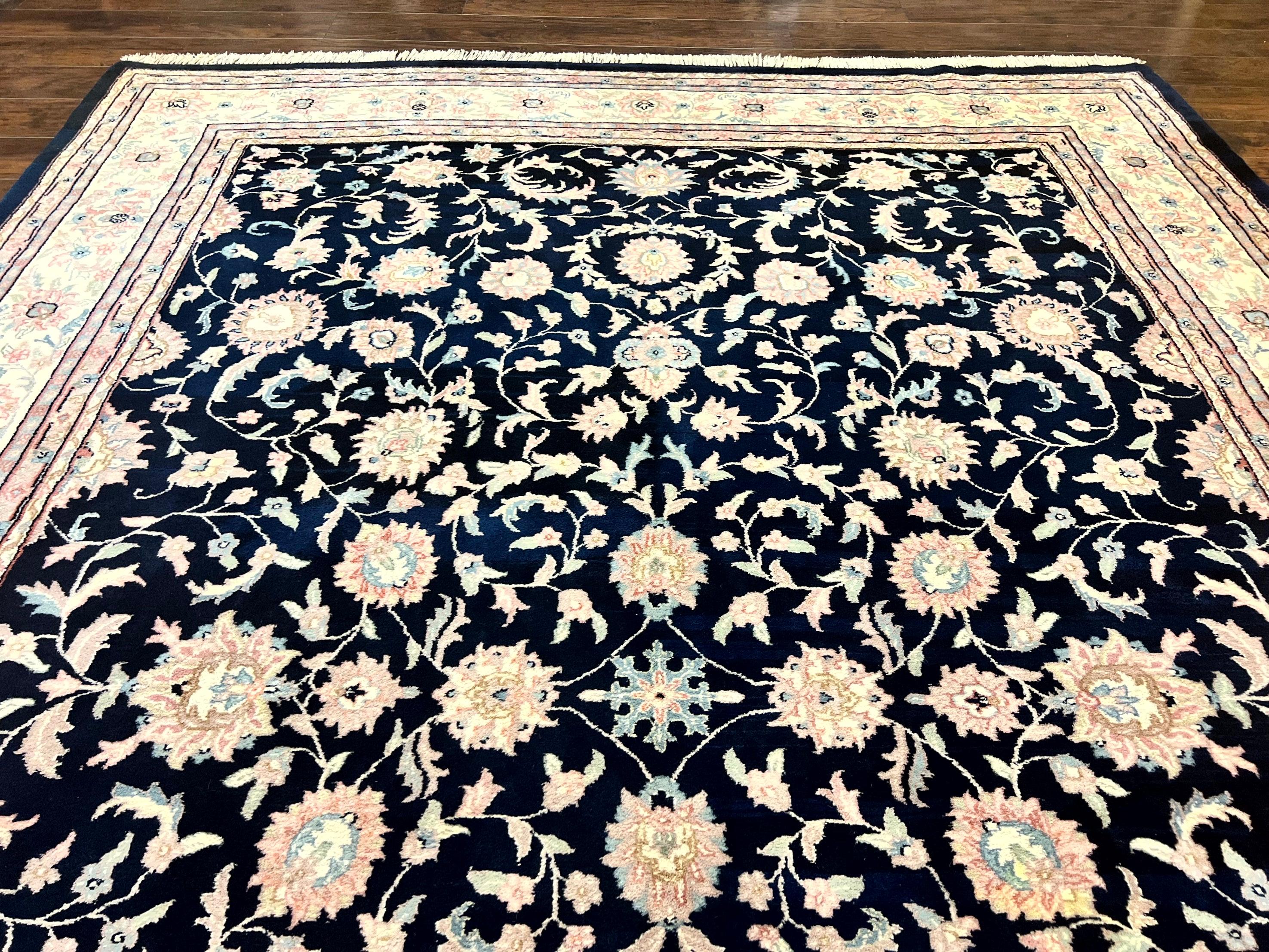 Indo Persian Rug 9x12, Navy Blue and Ivory/Cream, Floral Allover, Wool Vintage Handmade Carpet - Jewel Rugs