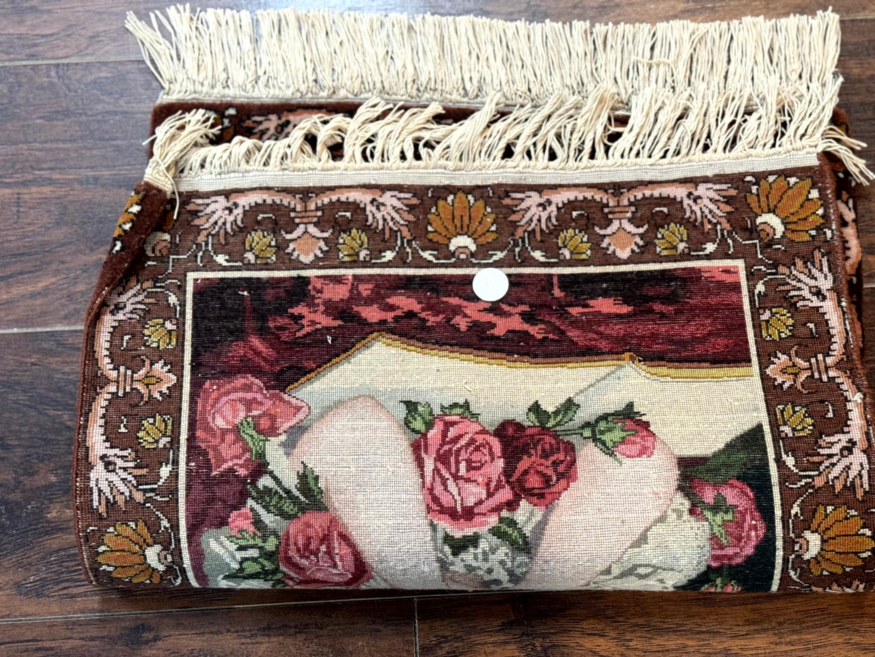 Small Persian Tabriz Pictorial Rug of Young Girl, Very Fine 380 KPSI, Portrait of Young Lady with Roses, Handmade, Persian Rug for Wall Hanging - Jewel Rugs