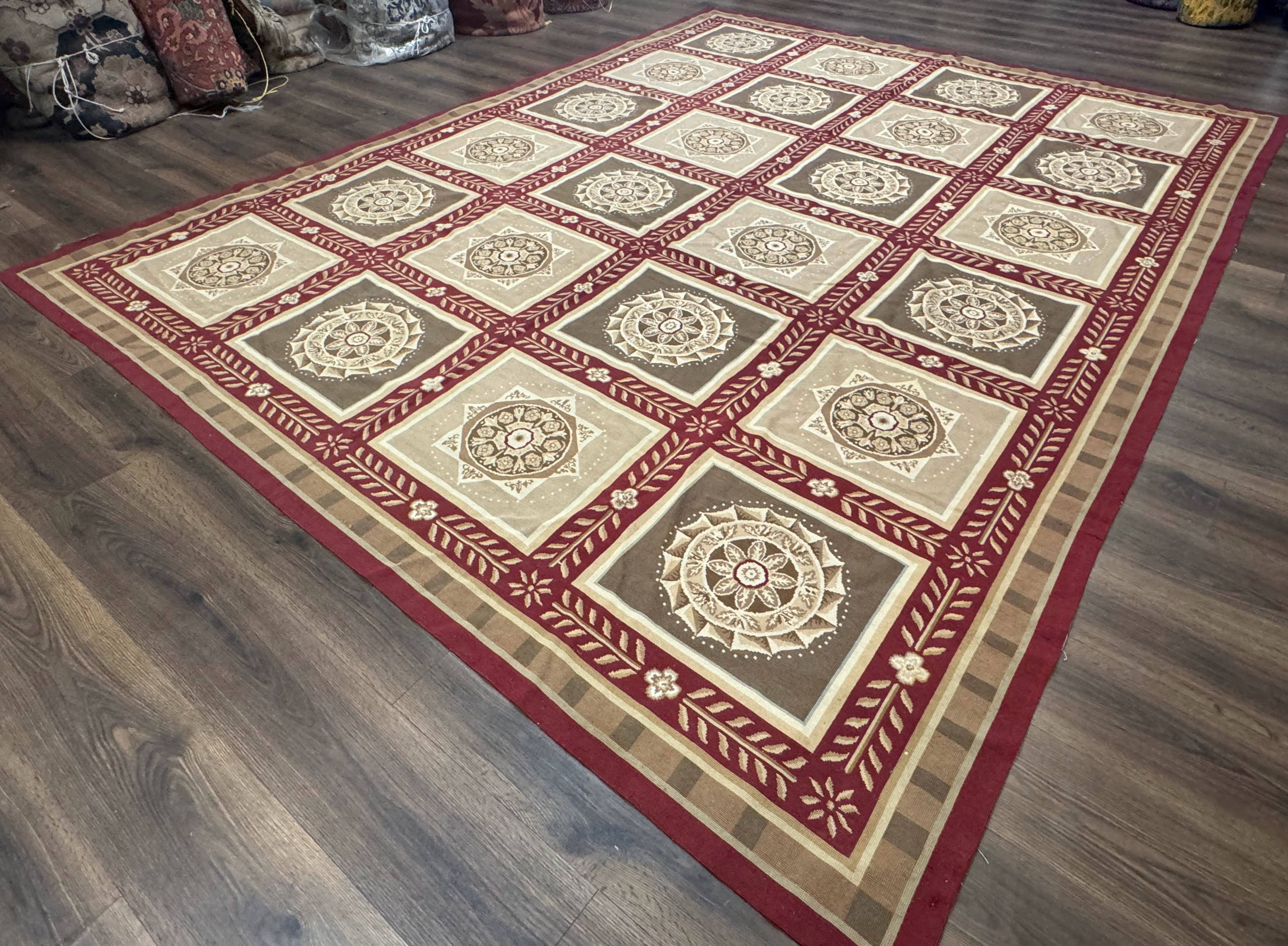Needlepoint Rug 9x12, Panel Design, Burgundy Taupe, Elegant - Jewel Rugs