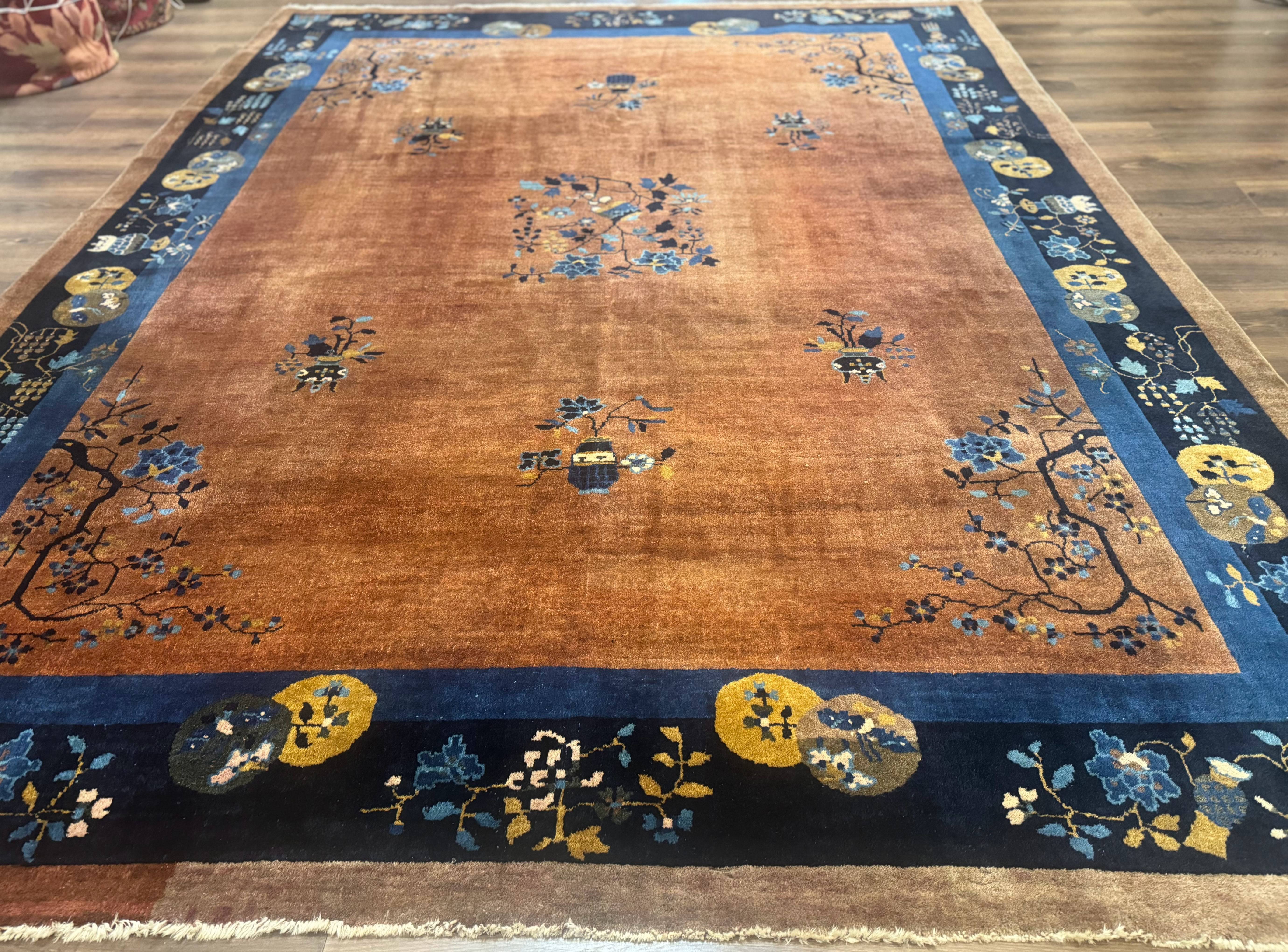 Antique Chinese Wool Rug 9x12, Light Brown and Navy Blue, Fete Peking Art Deco - Jewel Rugs