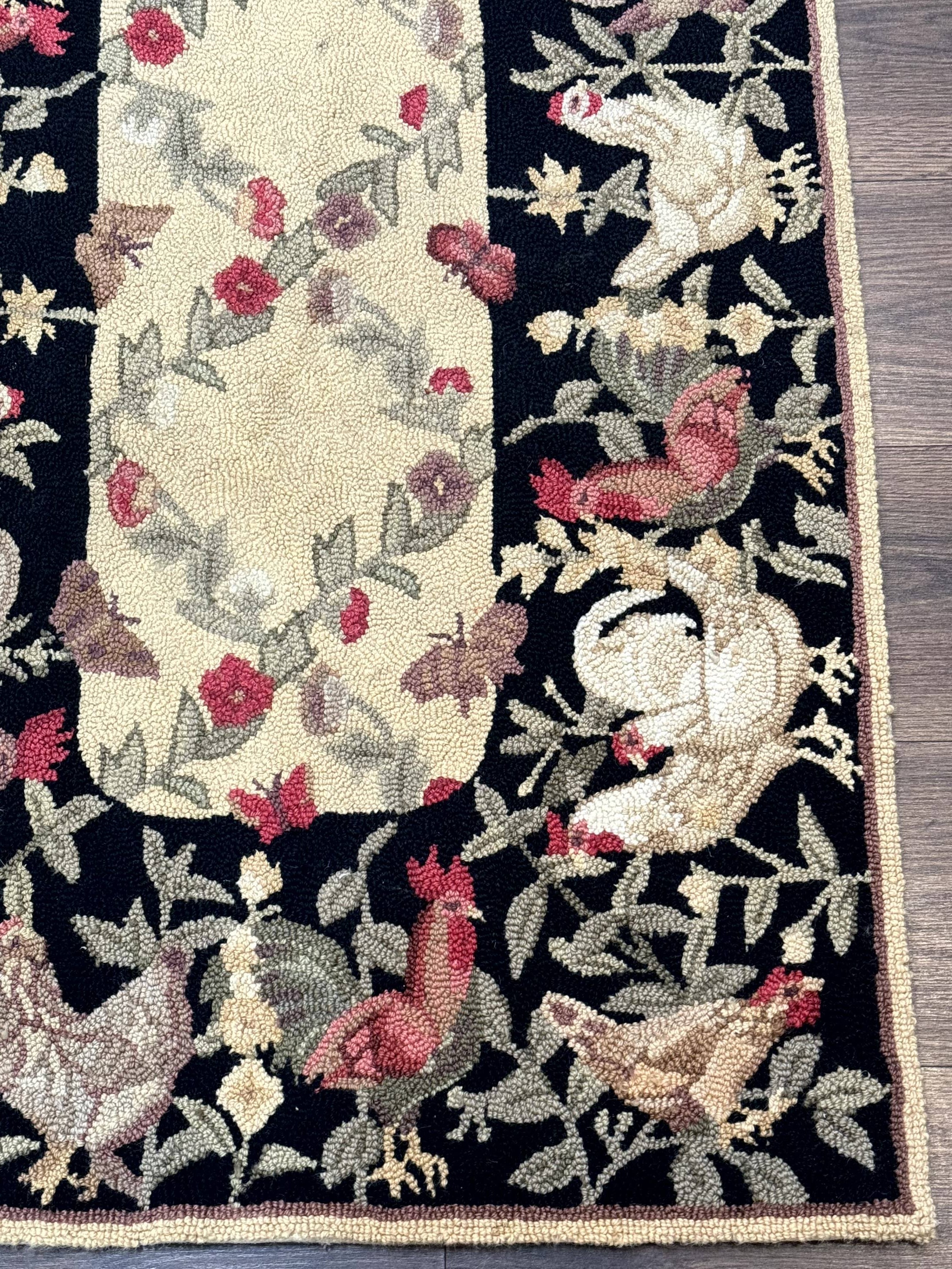 Small Vintage Hooked Rug, Roosters, Handmade, Wool - Jewel Rugs
