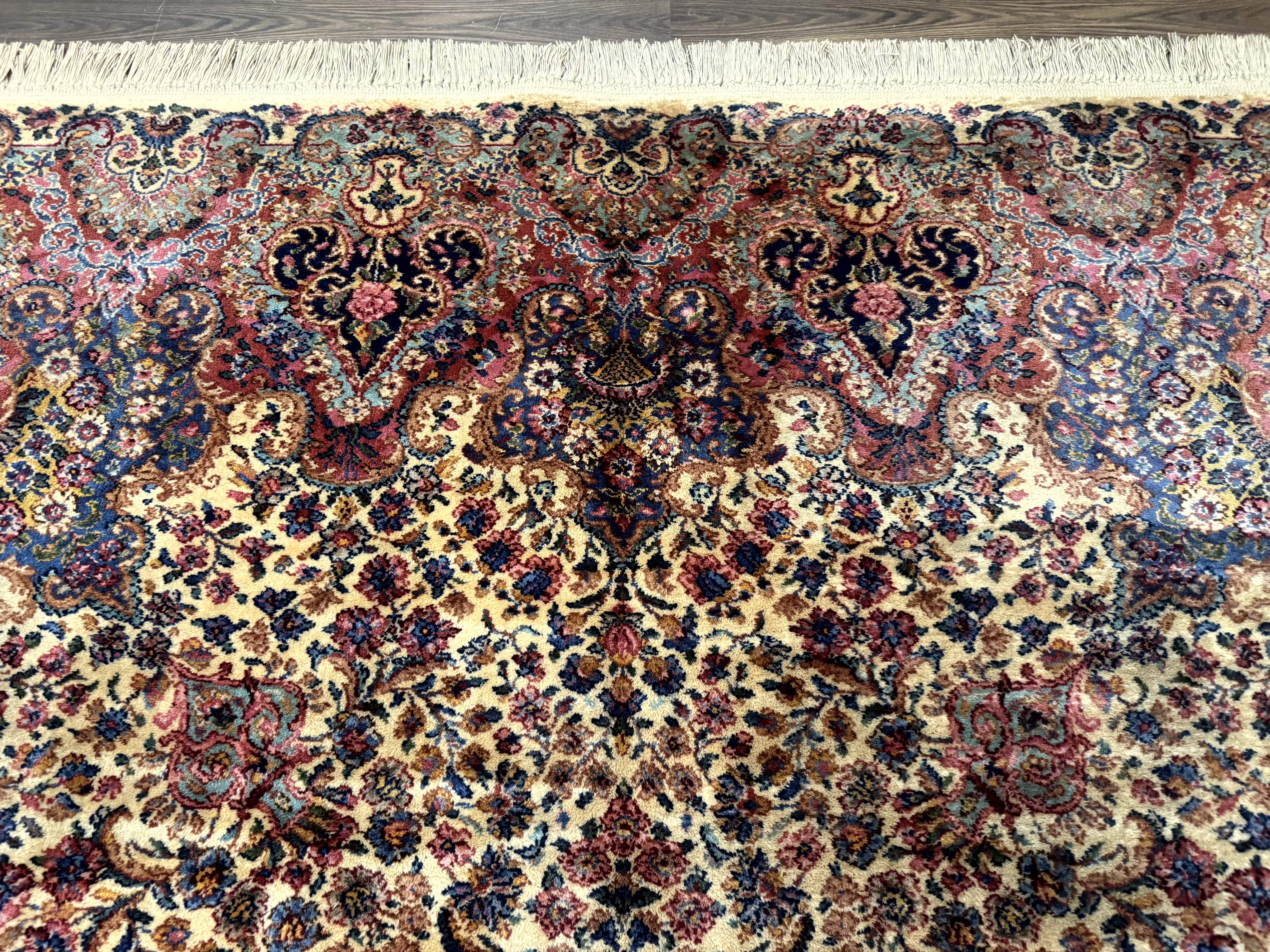 Karastan Ivory Floral Kirman Rug 8.8 x 12, Wool Vintage Discontinued - Jewel Rugs