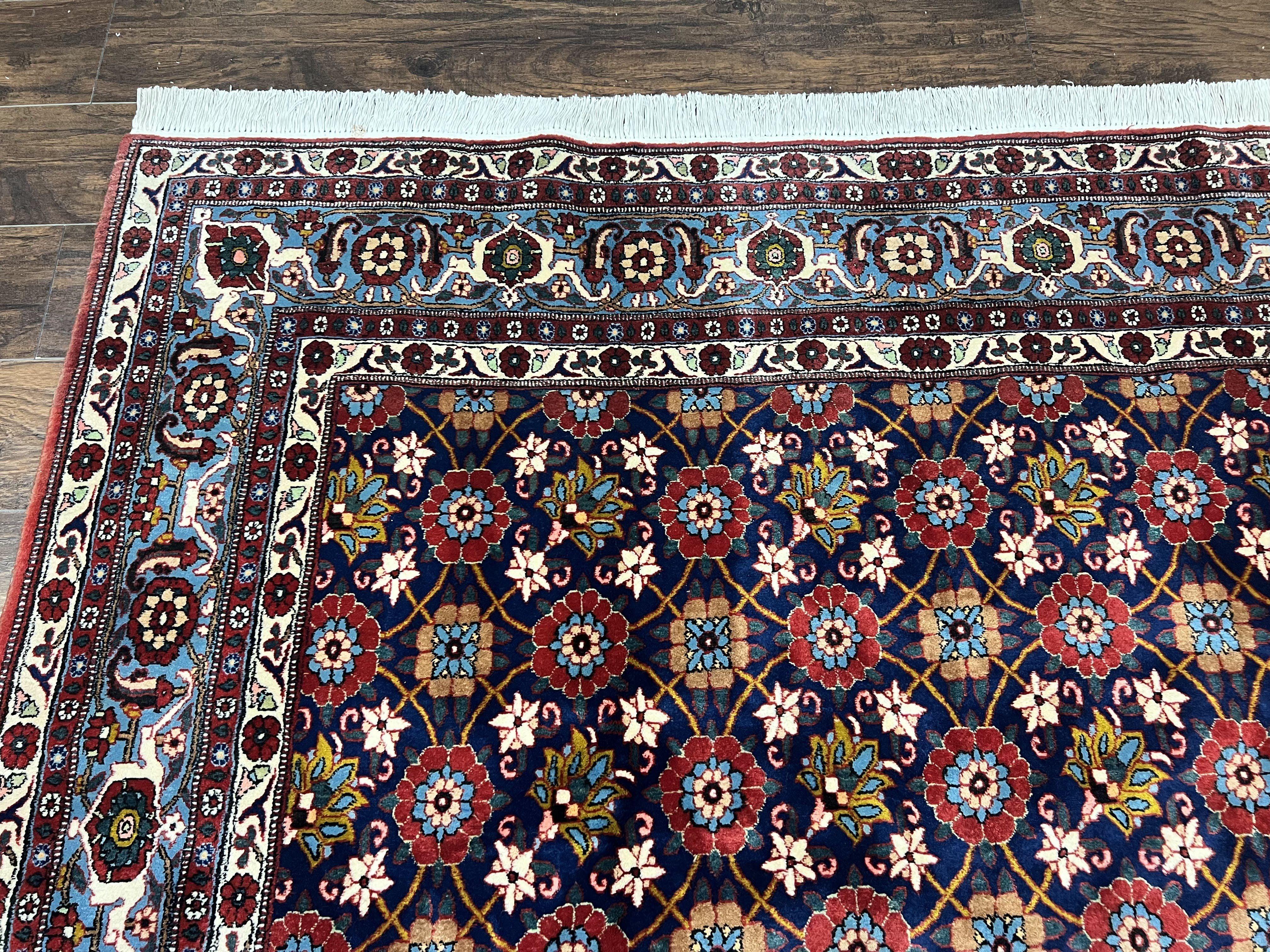 Persian Veramin Rug 7x11, Repeated Allover Pattern, Handmade Vintage Carpet, Navy Blue - Jewel Rugs