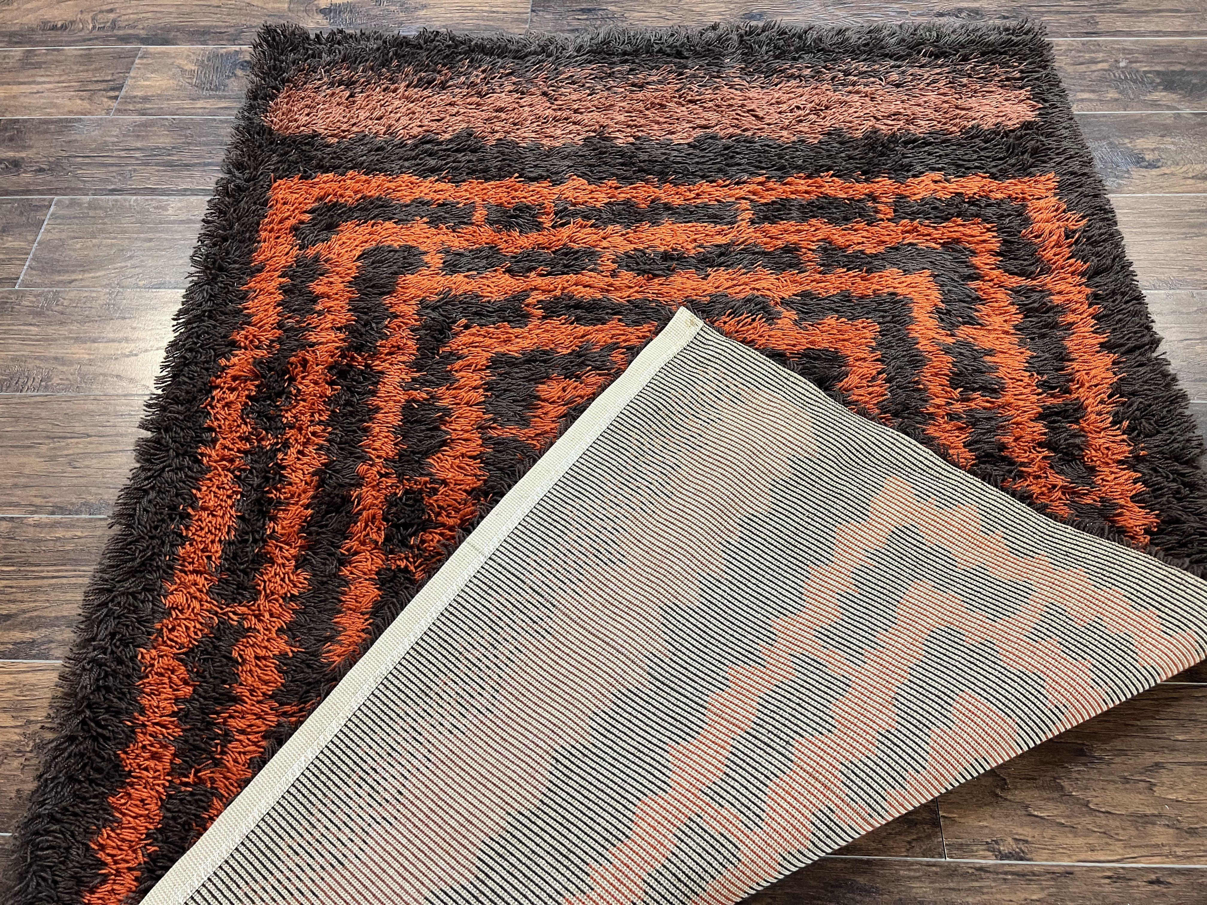 Vintage Rya Shag Rug 4.6 x 6.6, Abstract Design, Brown and Orange, Mid Century Danish Rya Carpet - Jewel Rugs
