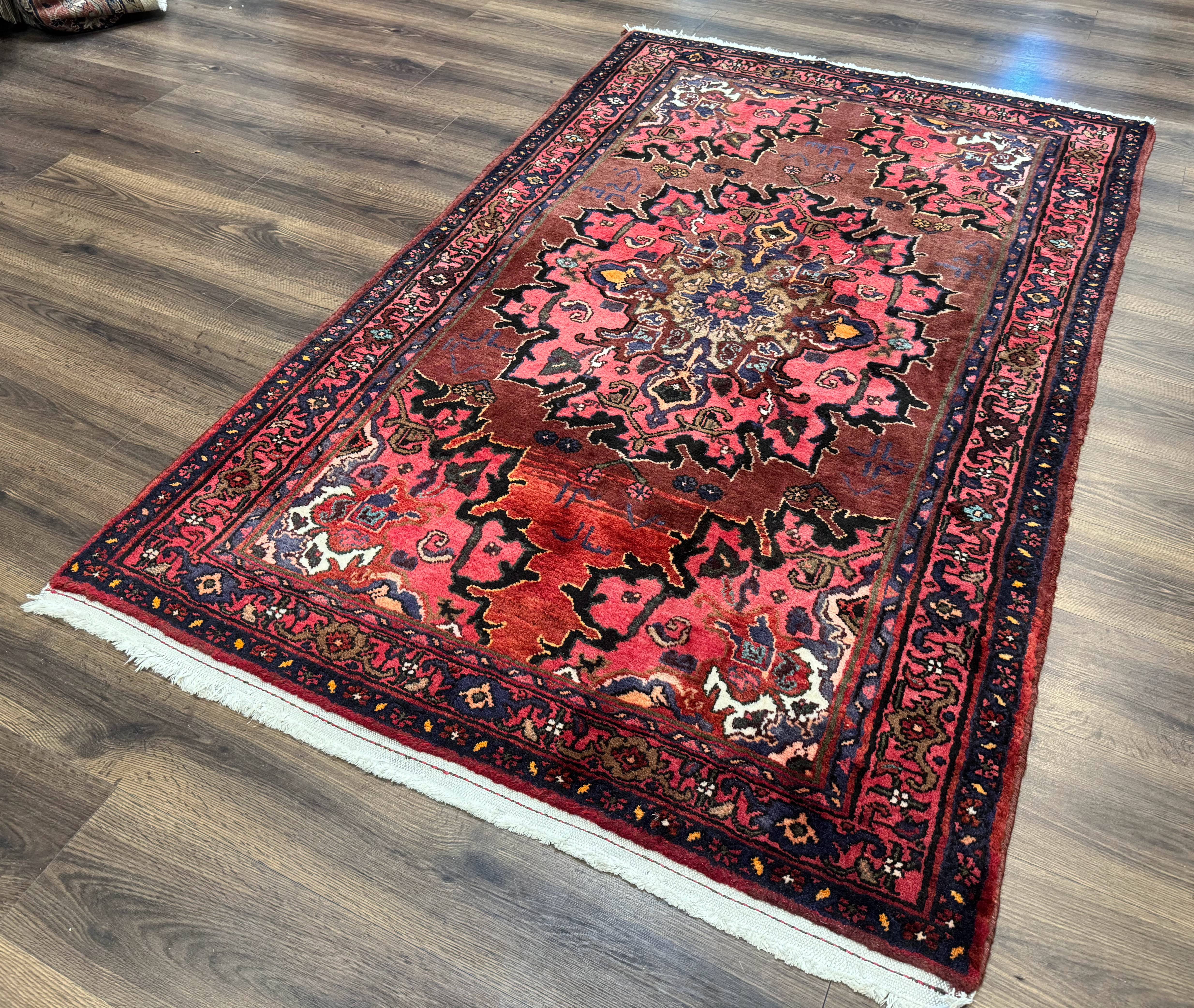 Persian Hamadan Rug 4x7, Red Pink Navy Blue, Vintage, Large Medallion, Village Tribal Carpet - Jewel Rugs