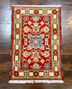 Small Indian Heriz Rug 2x3, Wool Hand Knotted Vintage Carpet, Red Geometric Indo Persian Small Oriental Rug 2 x 3 ft