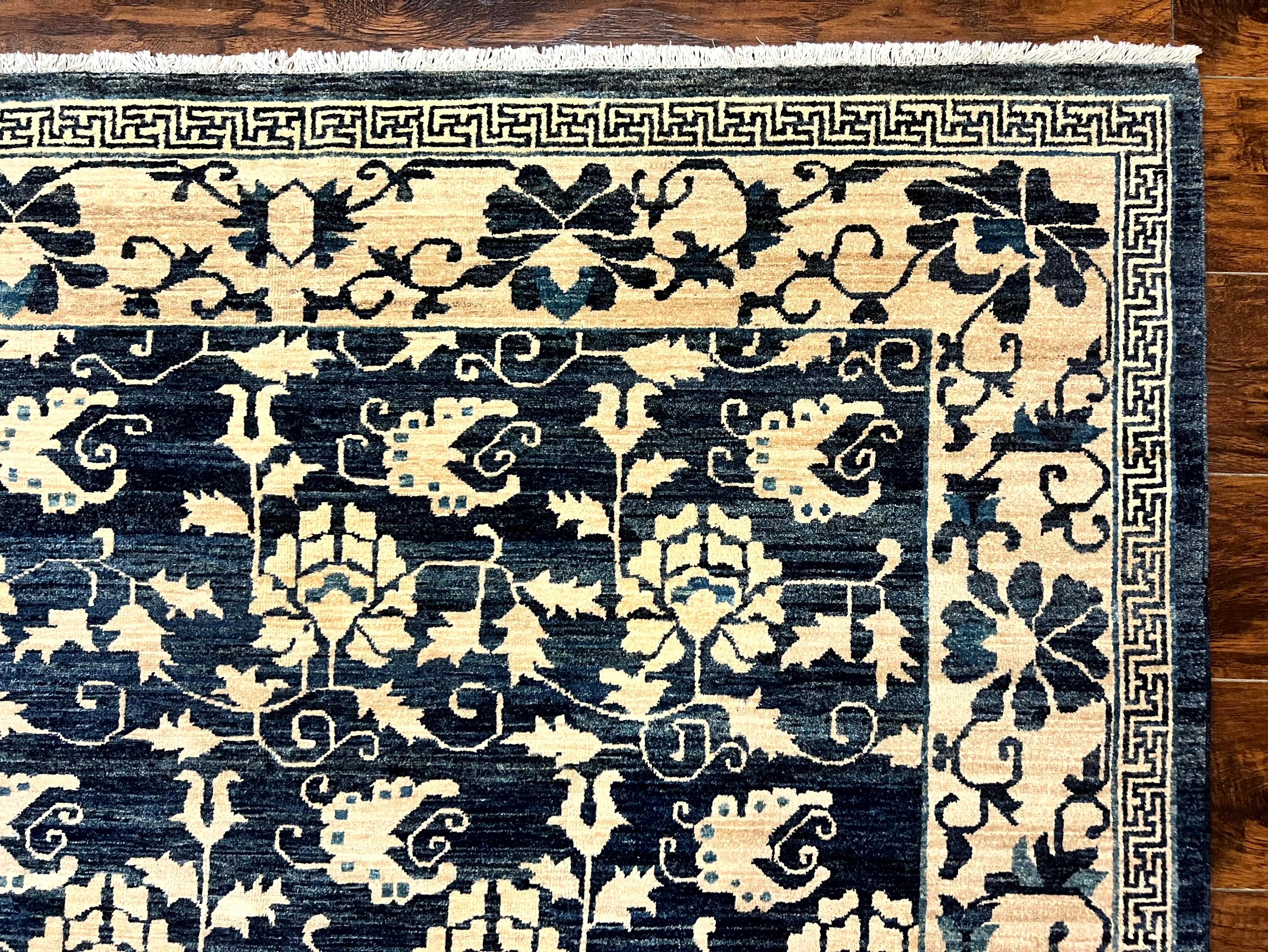 Sino Persian Rug 6x9, Hand Knotted Wool Carpet, Floral Allover, Blue Cream-Tan - Jewel Rugs