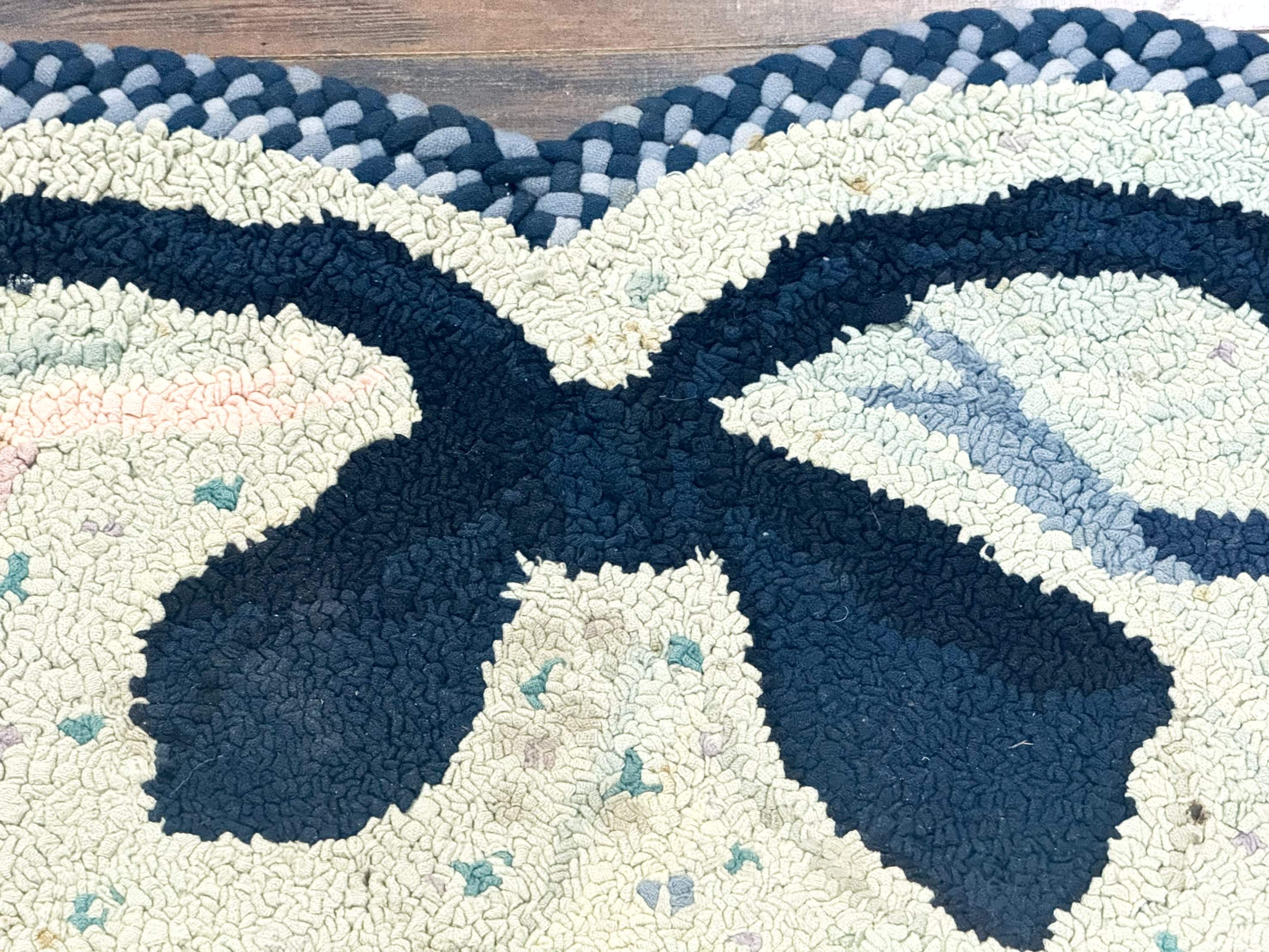 Small American Hooked Rug, Vintage Welcome Mat, Heart Shaped, Ivory and Blue - Jewel Rugs
