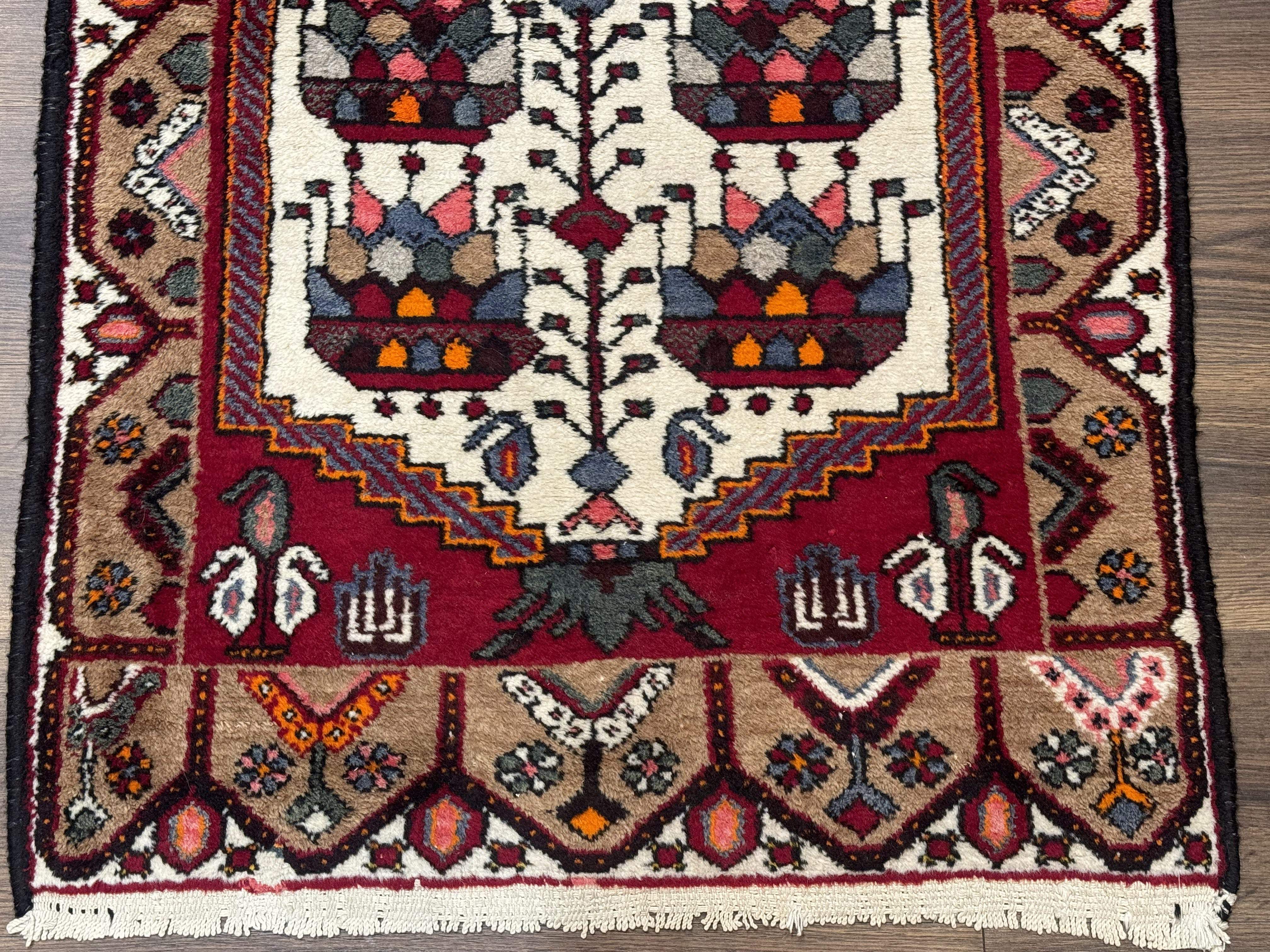 Small Persian Rug 3x4 – Ivory and Red Hand-Knotted Wool Vintage Malayer Hamadan Rug - Jewel Rugs