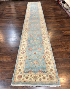 Peshawar Runner Rug 2.8 x 15.8, Light Blue and Cream, Long Hand Knotted Handmade Hallway Runner, Oriental Carpet, Pastel Colors, Wool Rug