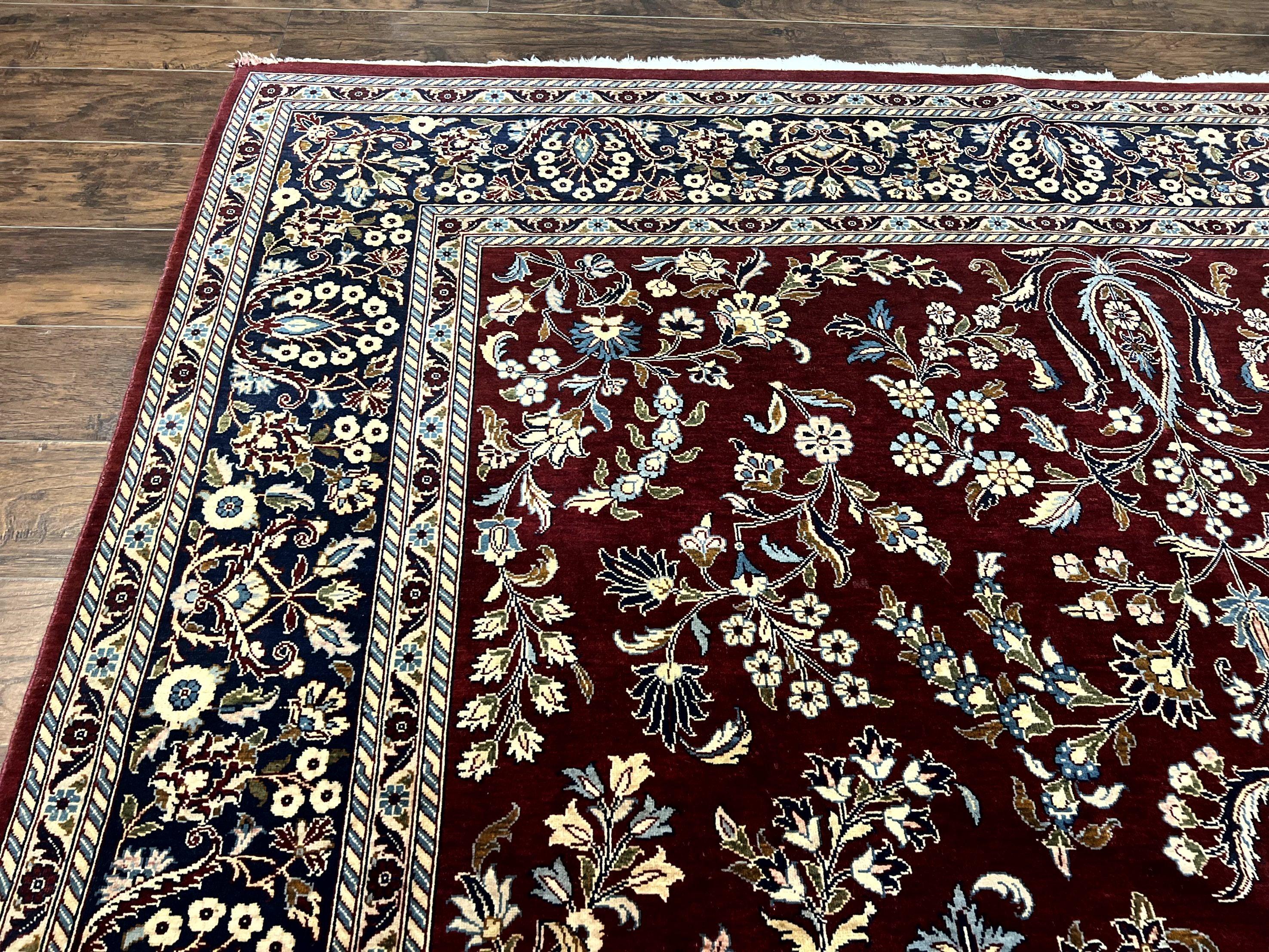 Indo Persian Sarouk Rug 9x12, Floral Allover, Dark Red & Navy Blue, Handmade Vintage Wool Carpet - Jewel Rugs
