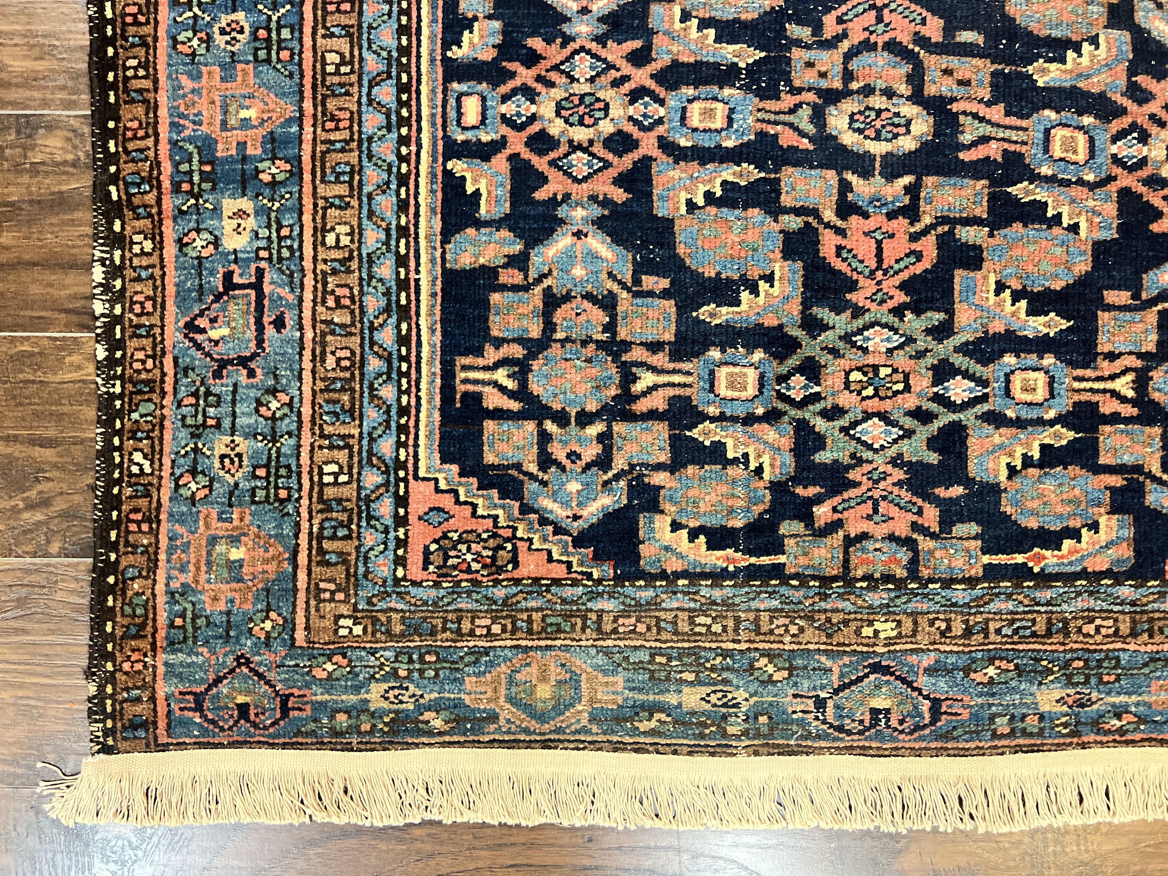 Antique Persian Tribal Rug 5x7, Navy Blue & Pink, Hand Knotted Handmade 1920s Wool Rug, Allover Pattern, Persian Hamadan Rug - Jewel Rugs