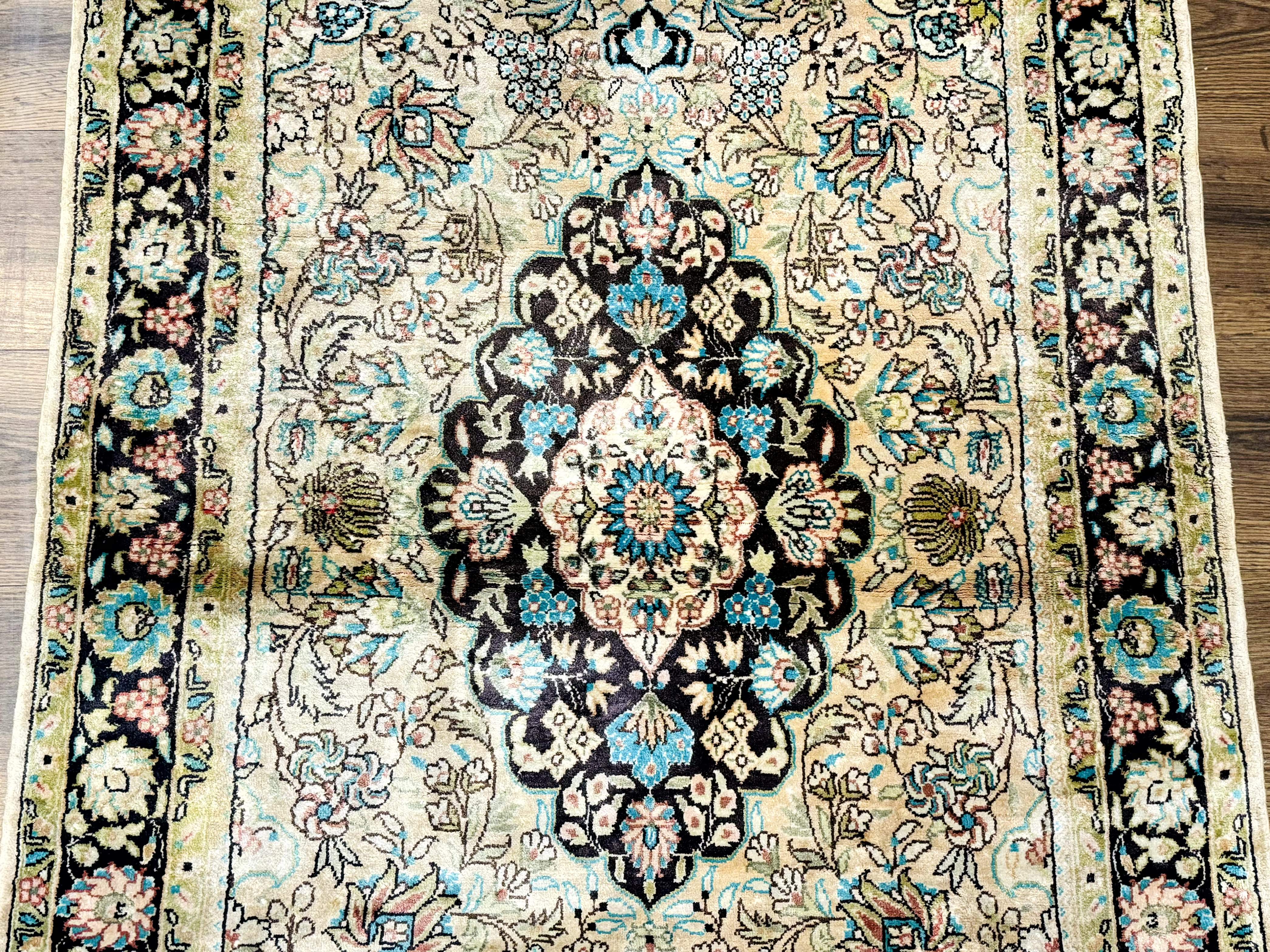 Indian Kashmiri Silk Rug 3x5, Floral Medallion, Fine 200 KPSI - Jewel Rugs