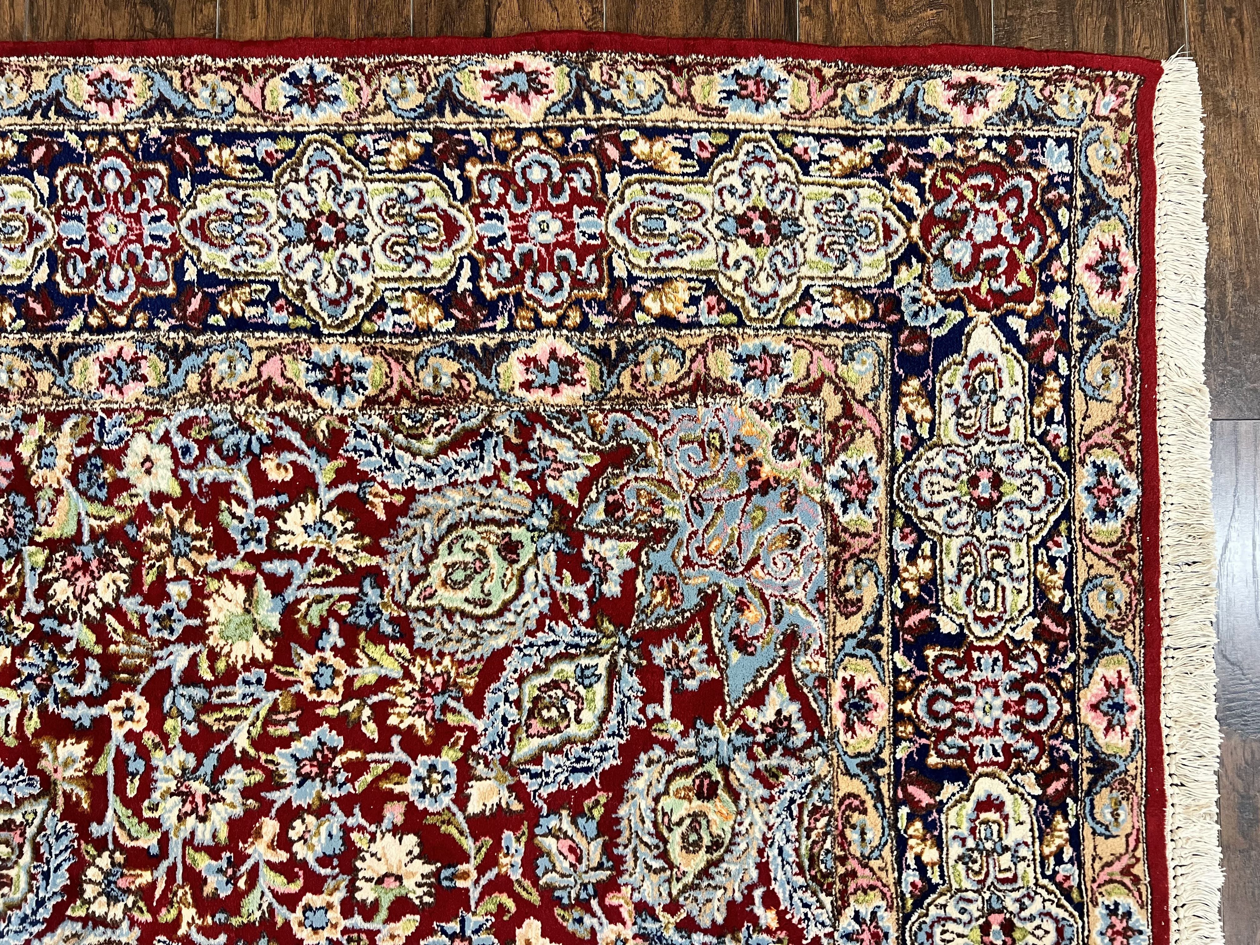 Persian Rug 7x10, Kirman Oriental Carpet 7 x 10 ft, Hand Knotted Wool Floral Medallion Semi Antique Persian Rug, Dark Red Light Blue Vintage - Jewel Rugs