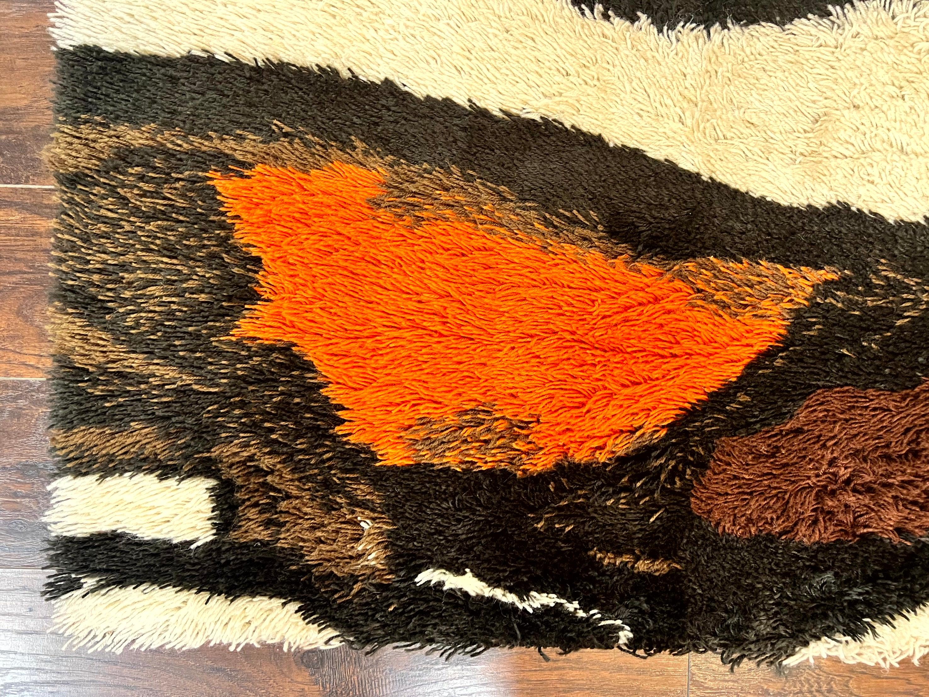 Danish Rya Rug 4x6, Mid Century Modern Abstract EGE Rya Carpet, Vintage Retro Shag Rug, Orange Brown Ivory Black - Jewel Rugs