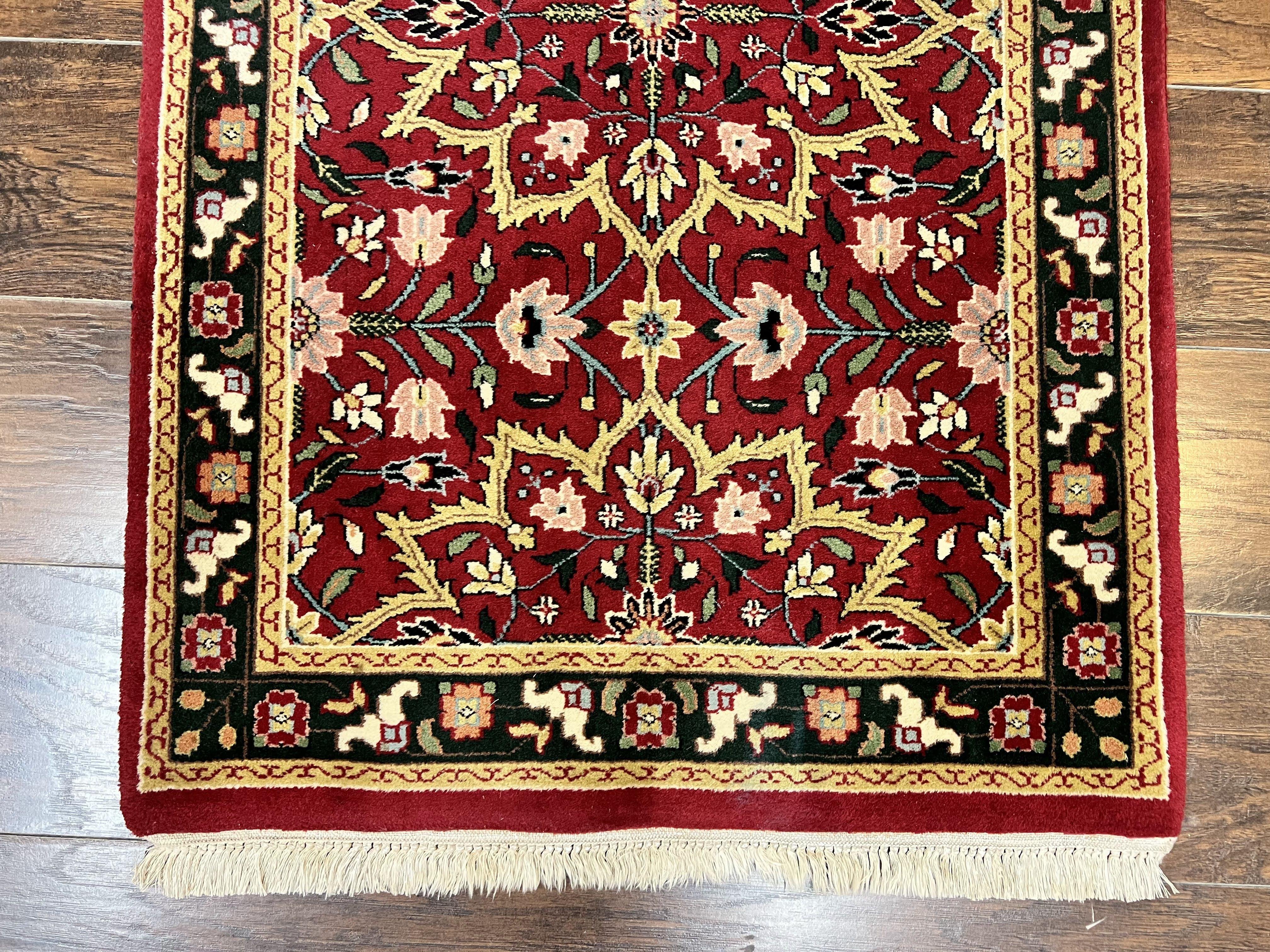 Indo Sarouk Runner Rug 2.6 x 10 ft, Floral Hand Knotted Wool Handmade Vintage Indian Hallway Rug, Red Tan Black, 10ft Persian Runner - Jewel Rugs