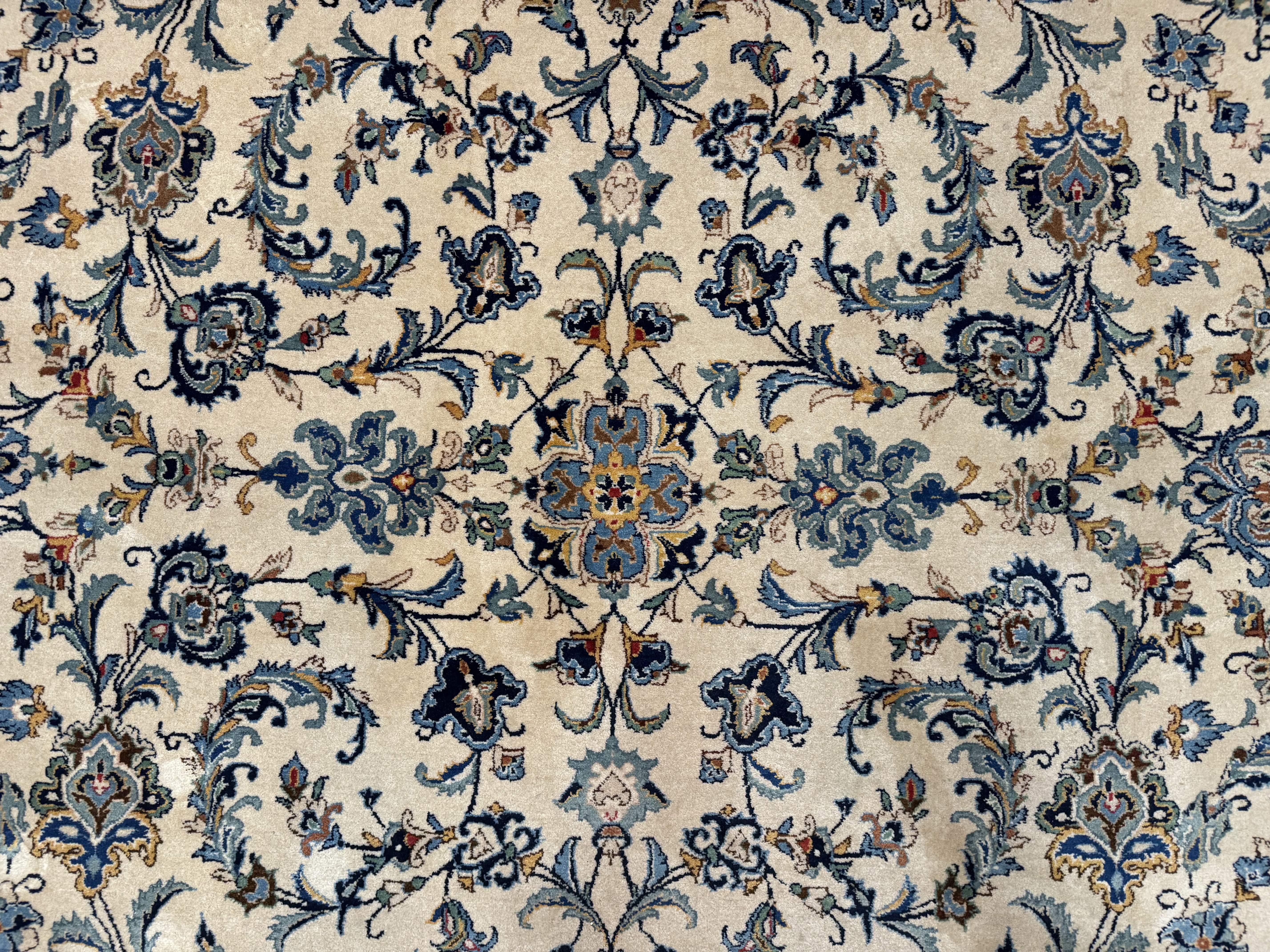 Persian Kashan Rug 10x14, Bone - Beige and Blue, Allover Pattern, Traditional Persian Carpet, Fine 260 KPSI - Jewel Rugs