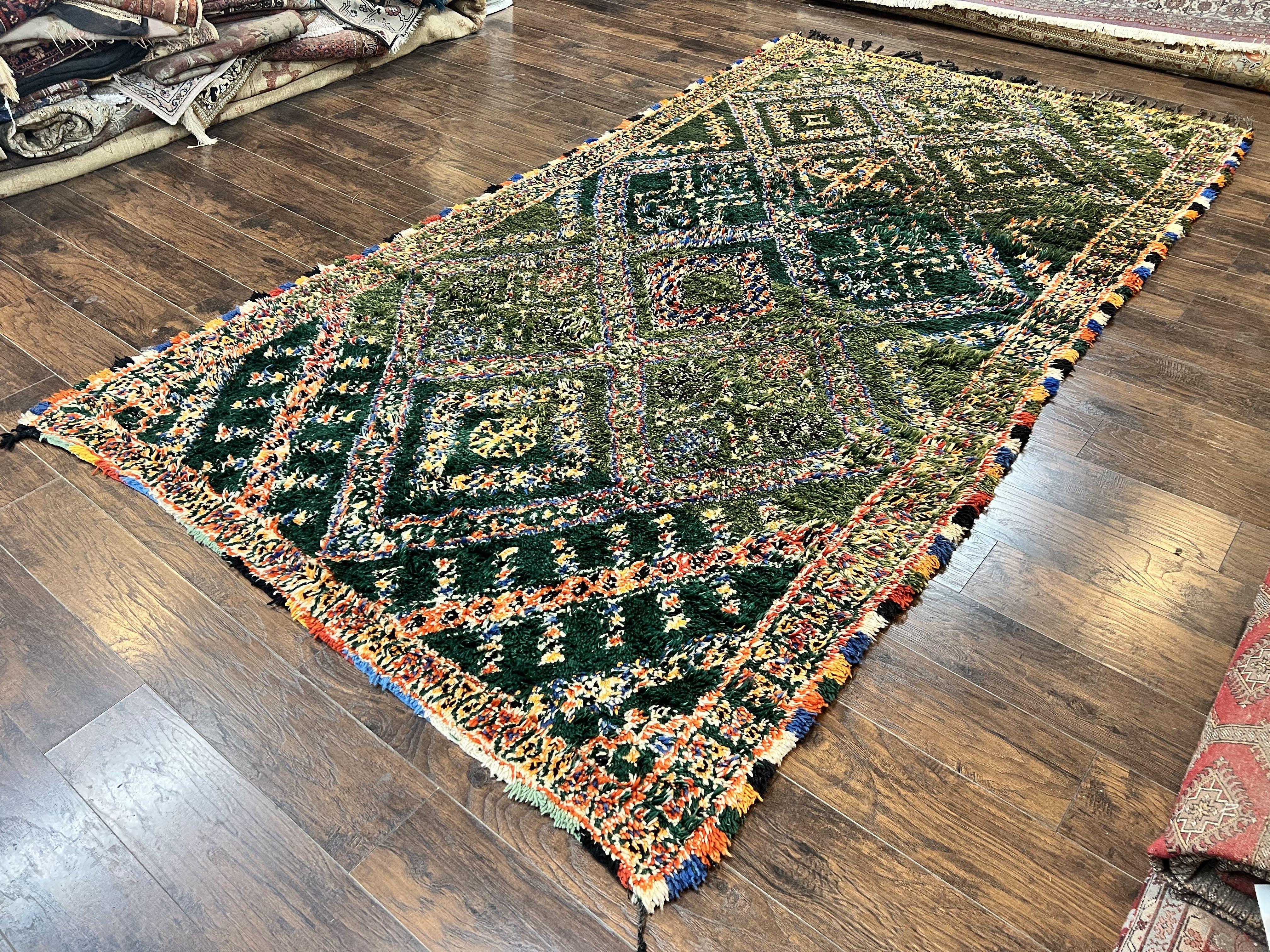 Large Moroccan Shag Rug 6x12, Green Multicolor Colorful Boho Rug, Handmade Hand Knotted Wool Carpet, Geometric Design, Vintage Rug - Jewel Rugs
