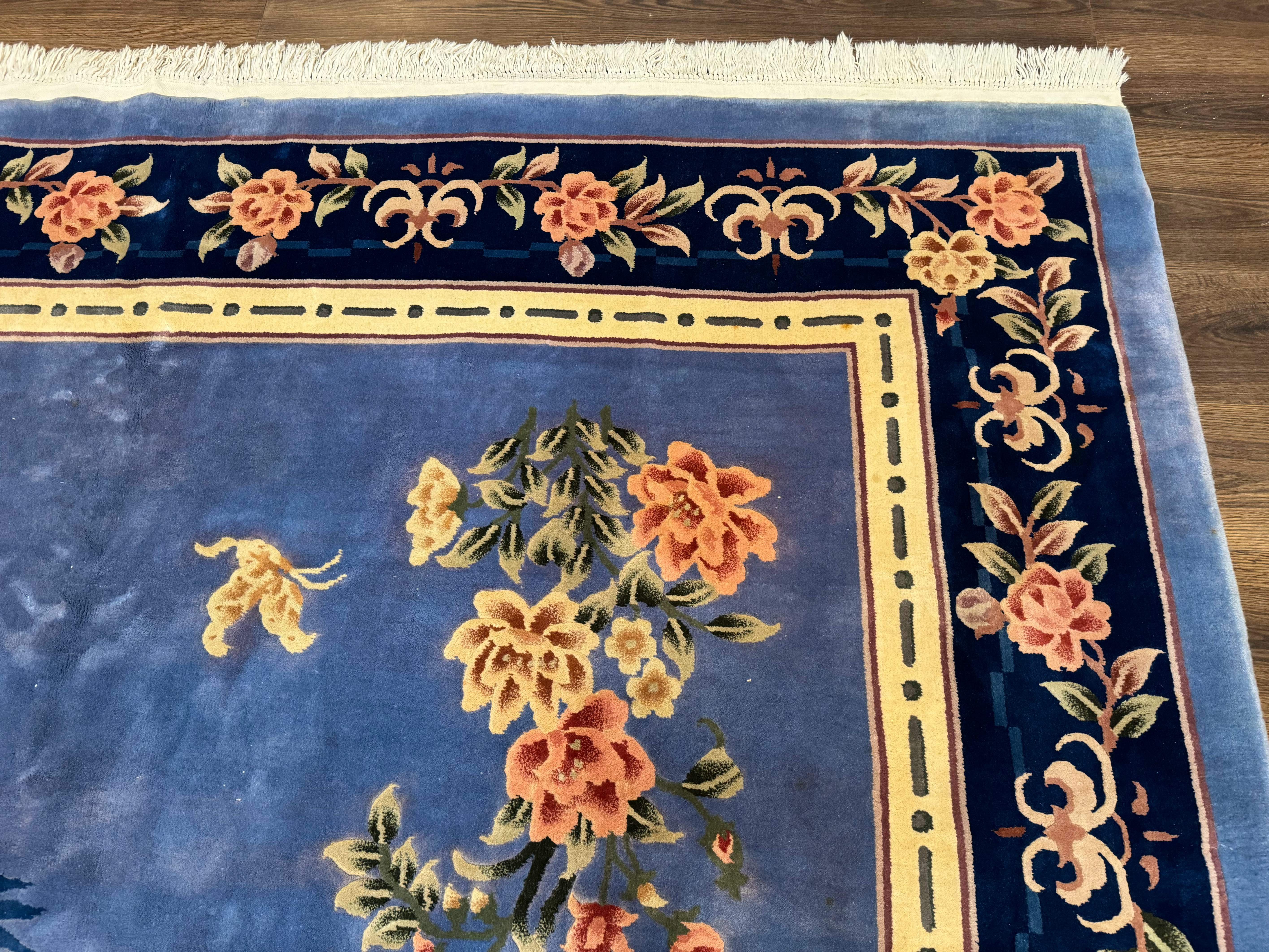 Blue Chinese Wool Rug 9x12, Art Deco Peking Asian Oriental Carpet, Floral Butterflies, 90 Line Rug - Jewel Rugs