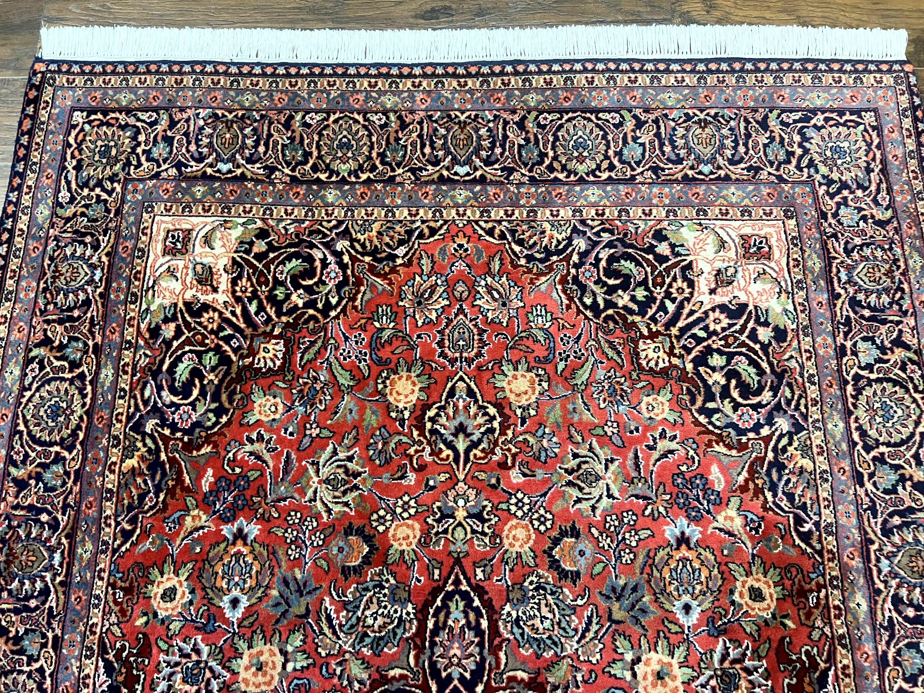 Persian Kashan Rug 6x9, Red and Dark Blue, Handmade Vintage Wool Carpet, Floral Medallion - Jewel Rugs