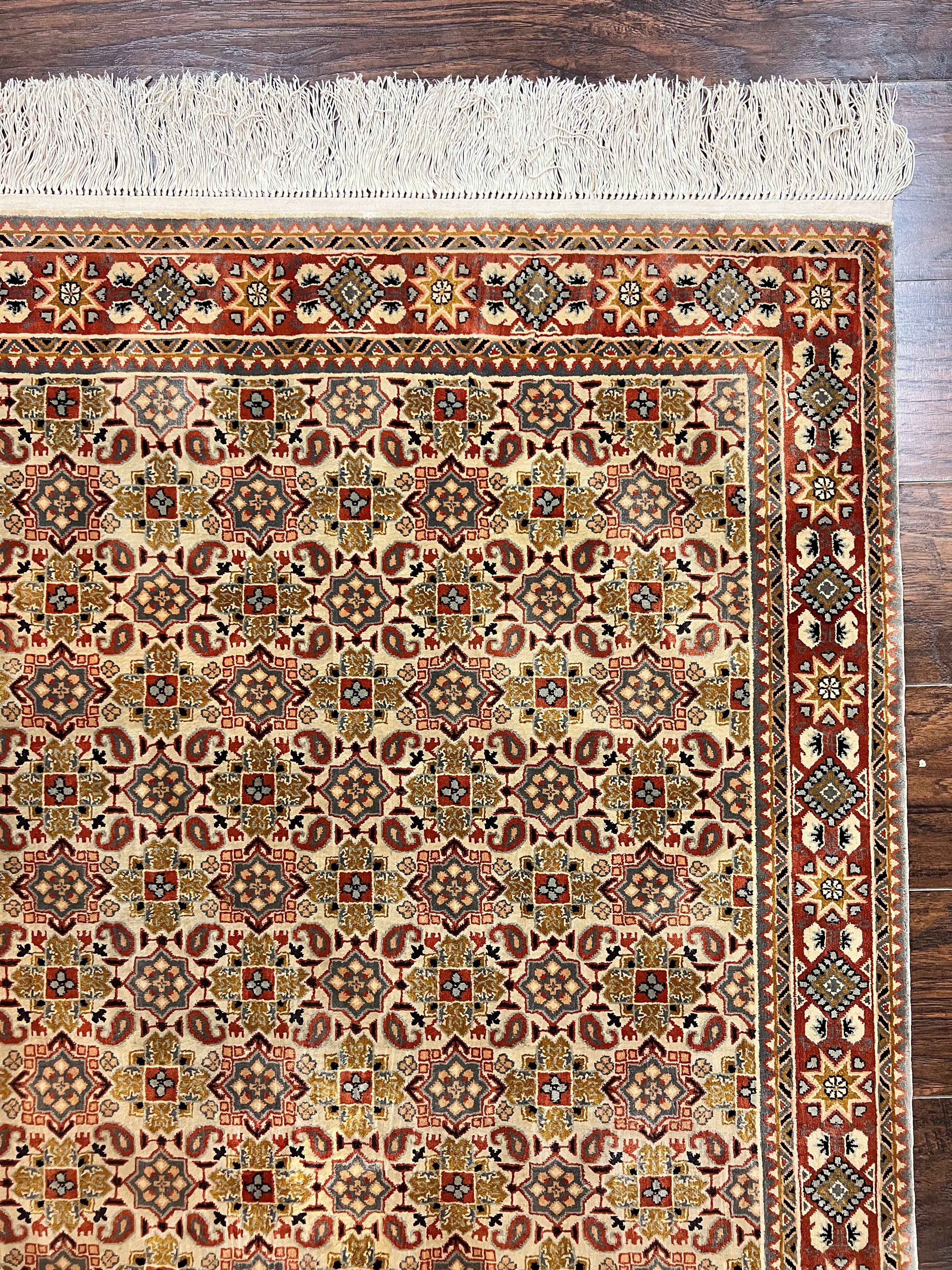 Turkish Kayseri Silk Rug 4x6, Hand Knotted Handmade Vintage Allover Pattern, Fine Silk Oriental Carpet 4 x 6 ft, Traditional Rug, Cream - Jewel Rugs