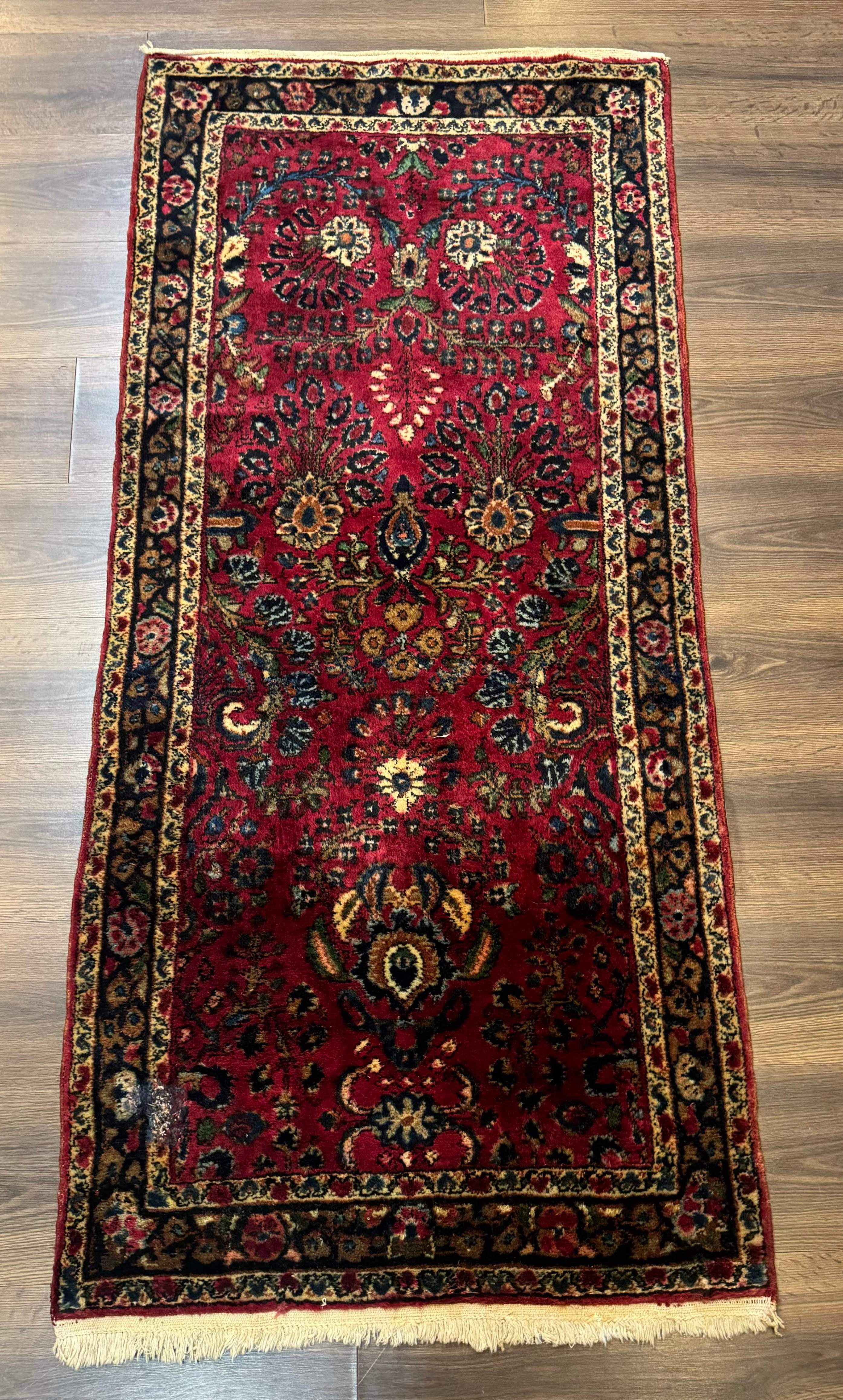 Persian Lilian Short Runner Rug 2.6 x 5.7 – Dark Red and Navy, Hand-Knotted Wool Carpet - Jewel Rugs