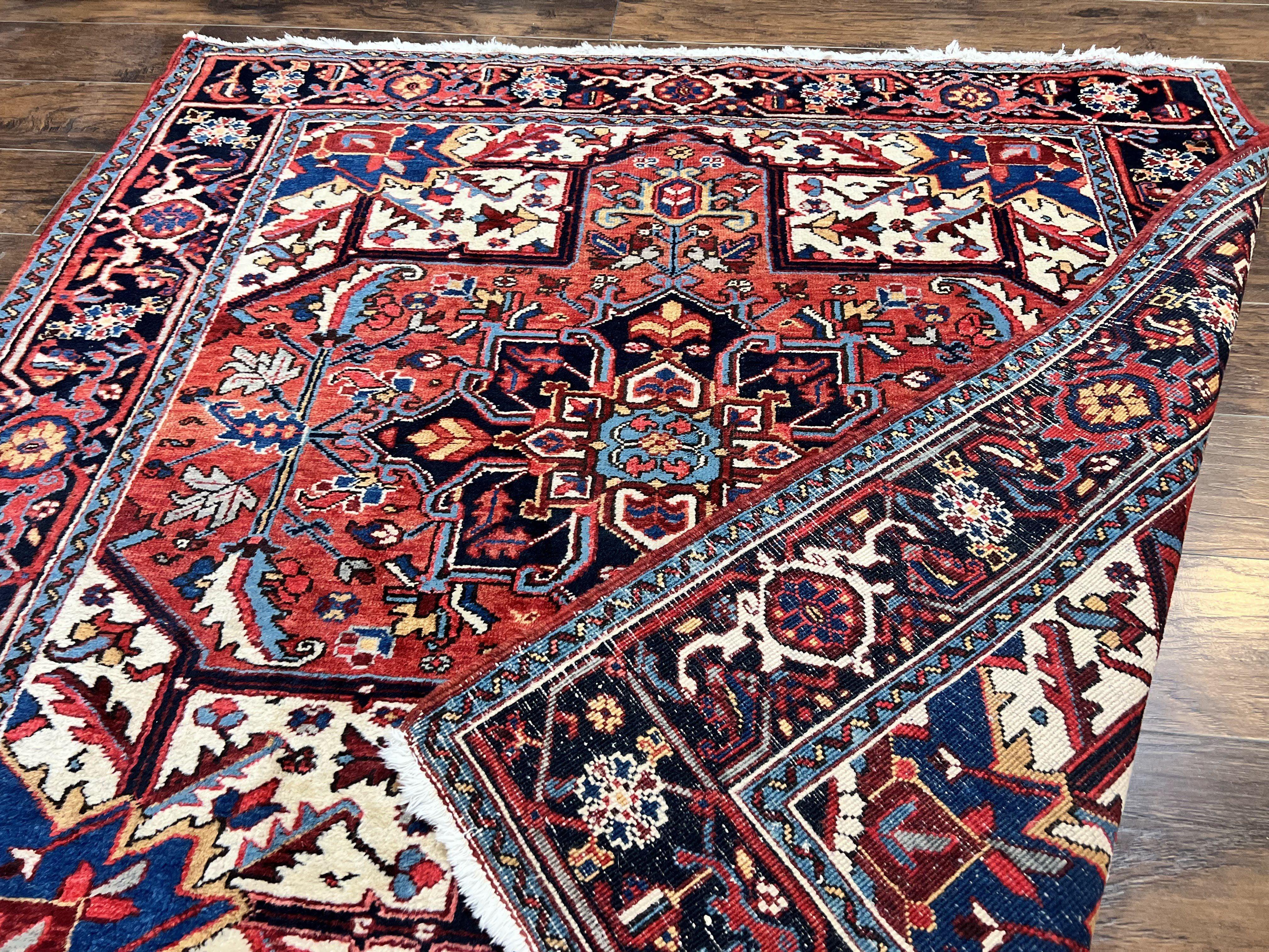 Persian Heriz Square Rug 6x6, Wool Hand Knotted Antique Carpet, Red Ivory & Navy Blue, Geometric Design Oriental Rug 6ft Square Handmade Rug - Jewel Rugs