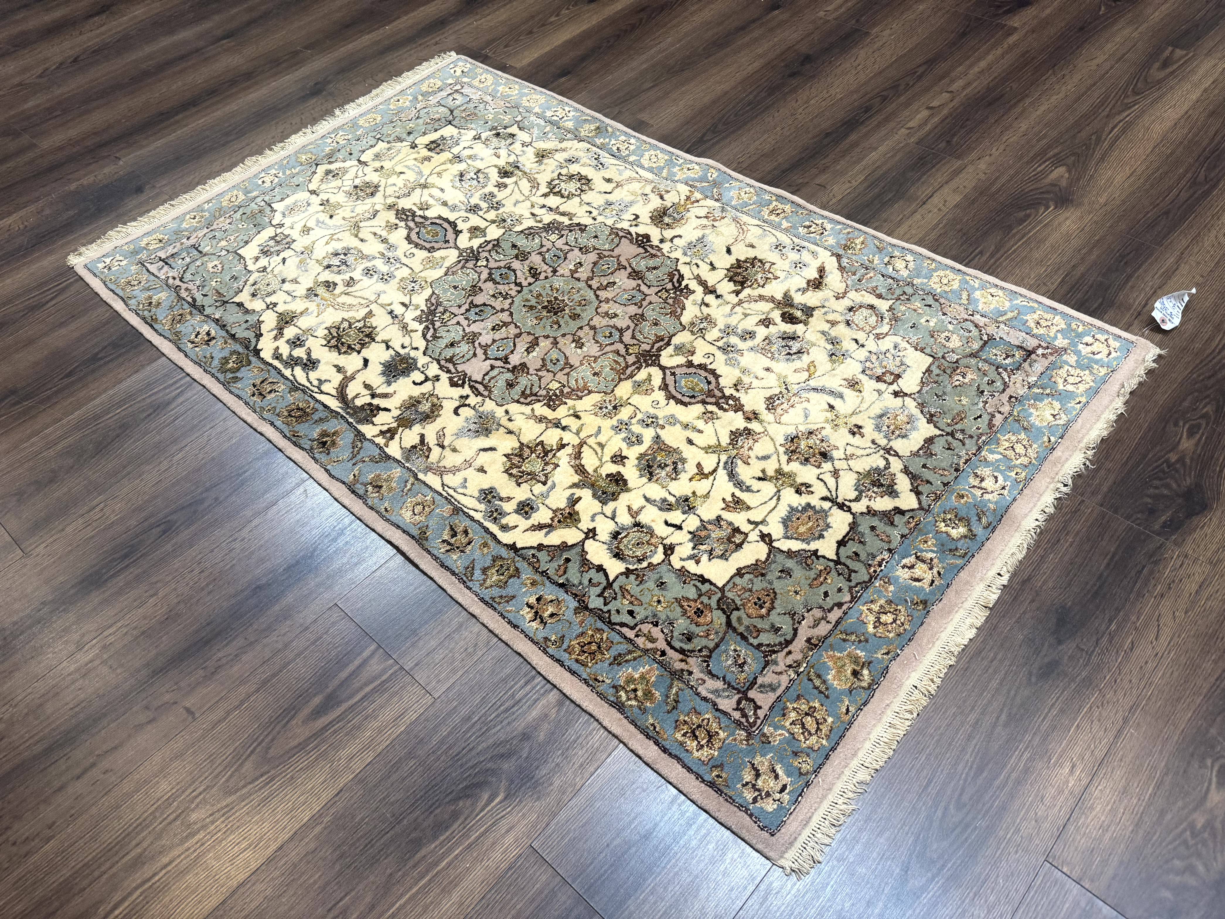 Persian Isfahan Rug 3x5, Fine 310 KPSI, Kork Wool Silk Foundation, Cream & Light Green - Jewel Rugs