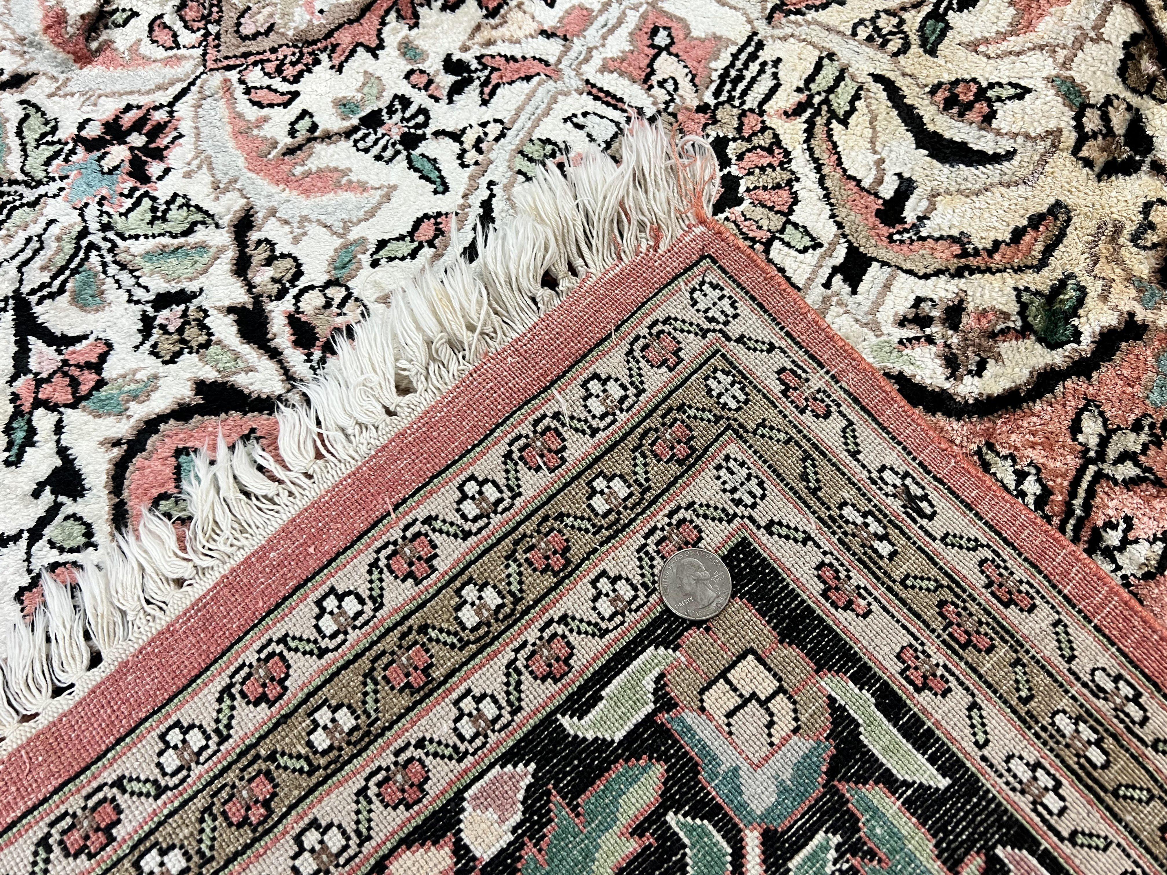 Indian Kashmiri Silk Rug 9x12, Vintage Rug 9 x 12 ft, Salmon Ivory Black Hand-Knotted Silk on Cotton Oriental Floral Carpet, Traditional Rug - Jewel Rugs