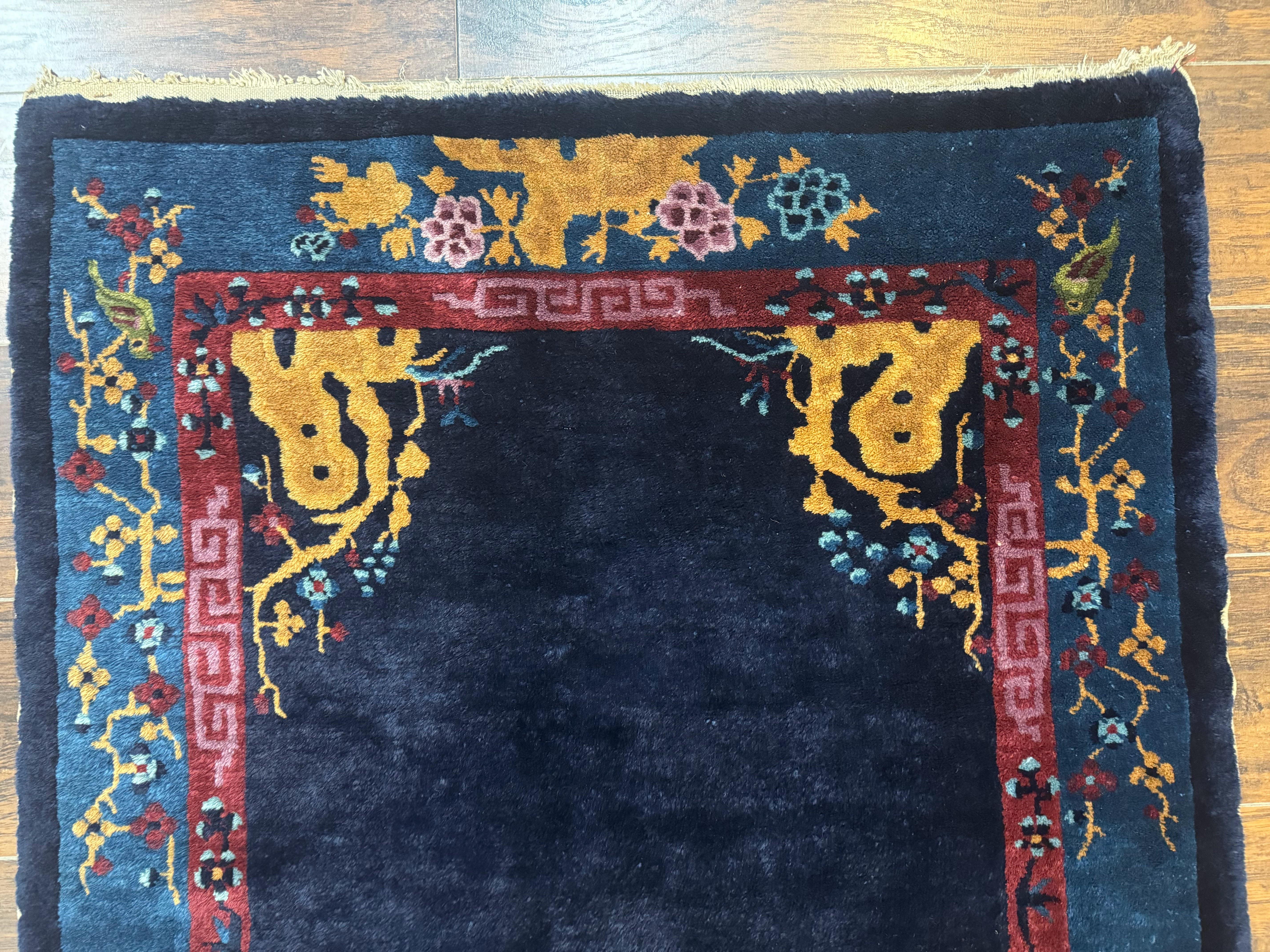 Antique Chinese Peking Rug 3x6, Dark Blue, Bird Motif, Handmade Wool Art Deco Asian Oriental Carpet, Pair A - Jewel Rugs