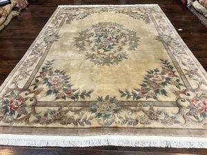 Chinese 90 Line Rug 9x12 ft, Vintage 1960s Chinese Wool Pile Aubusson Area Rug 9 x 12 ft, Tientsin Asian Oriental Rug, Floral