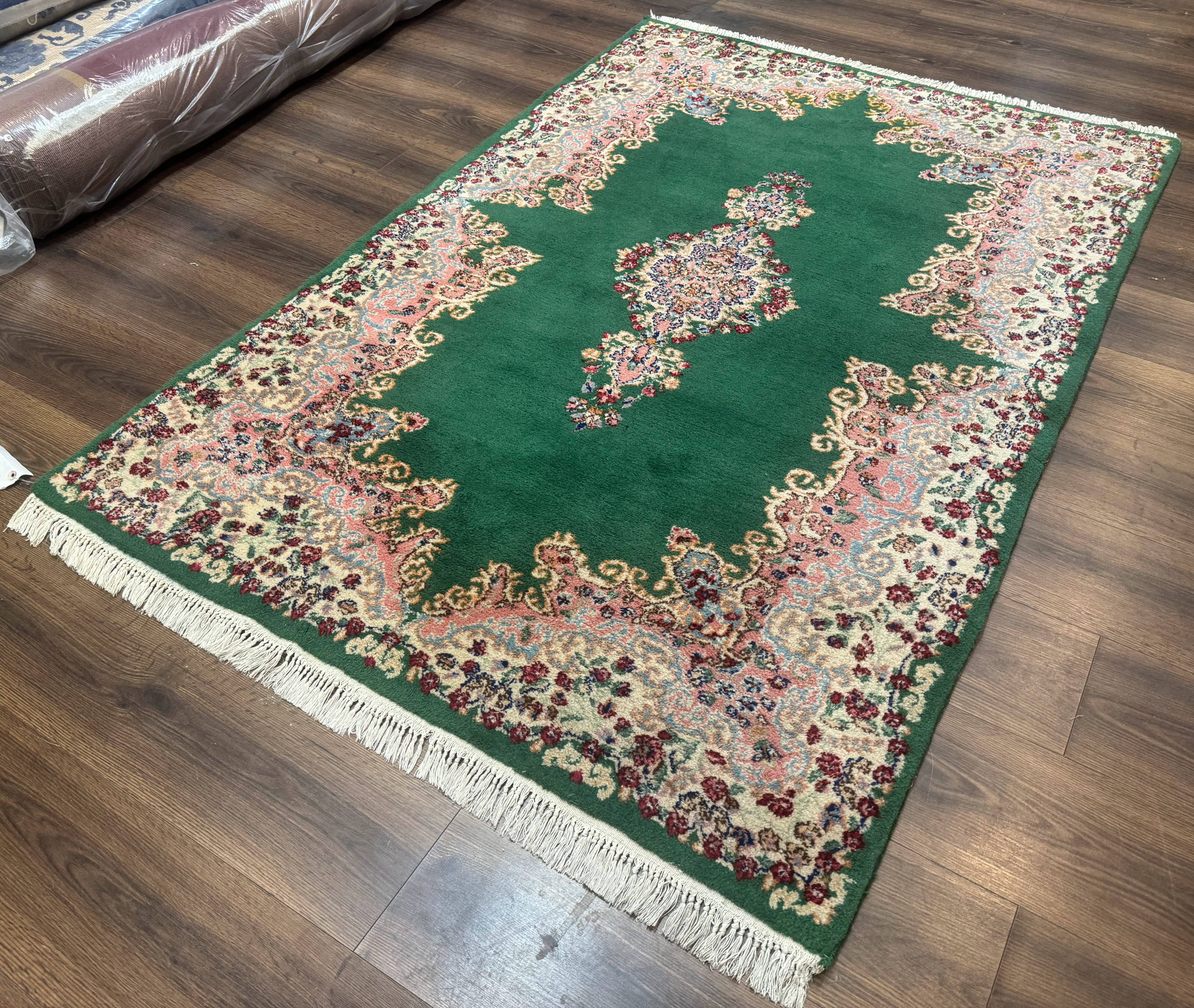 Green Persian Kerman Rug 4x6, Semi Open Field, Green & Cream, Vintage - Jewel Rugs