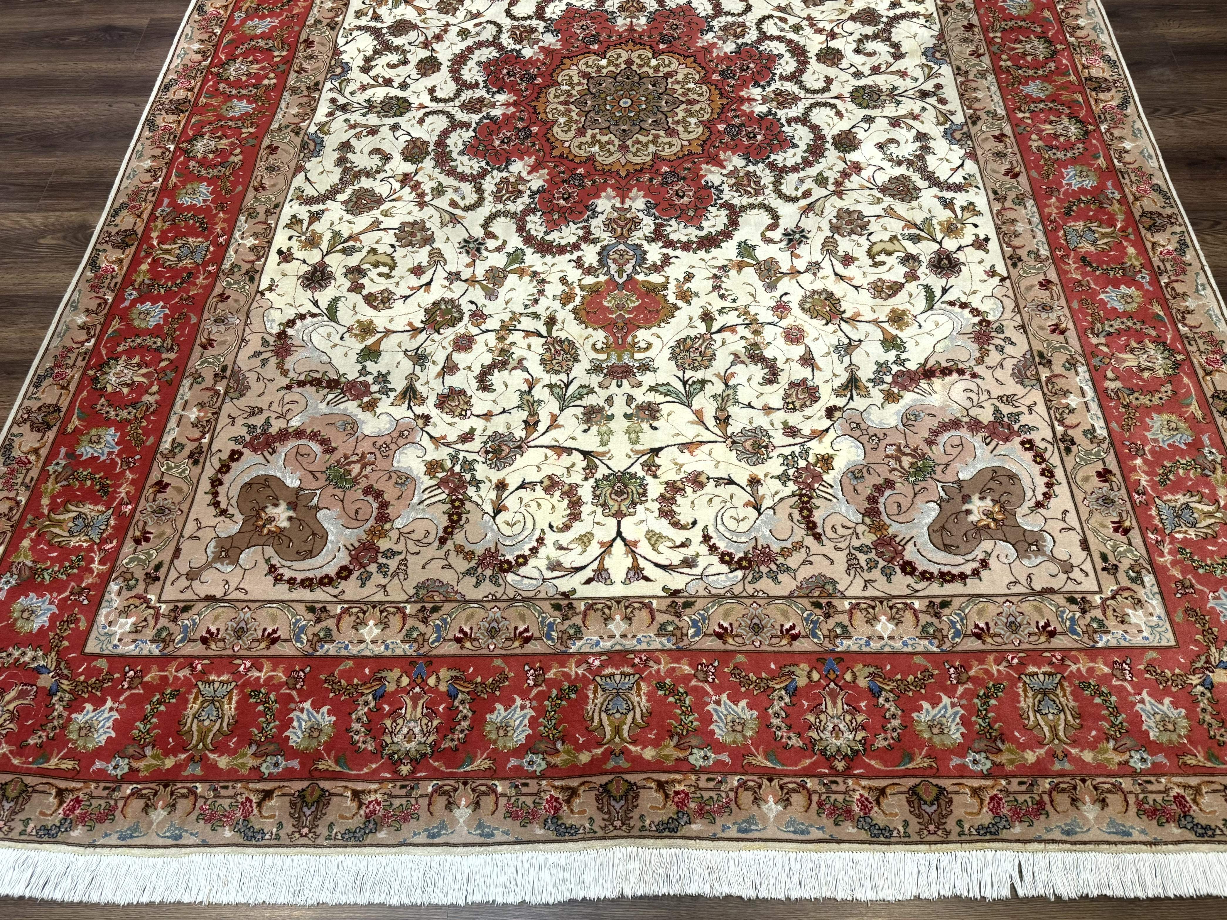 Persian Tabriz Rug 8x12 – Ivory and Coral Red, Hand-Knotted Wool Fine Carpet - Jewel Rugs