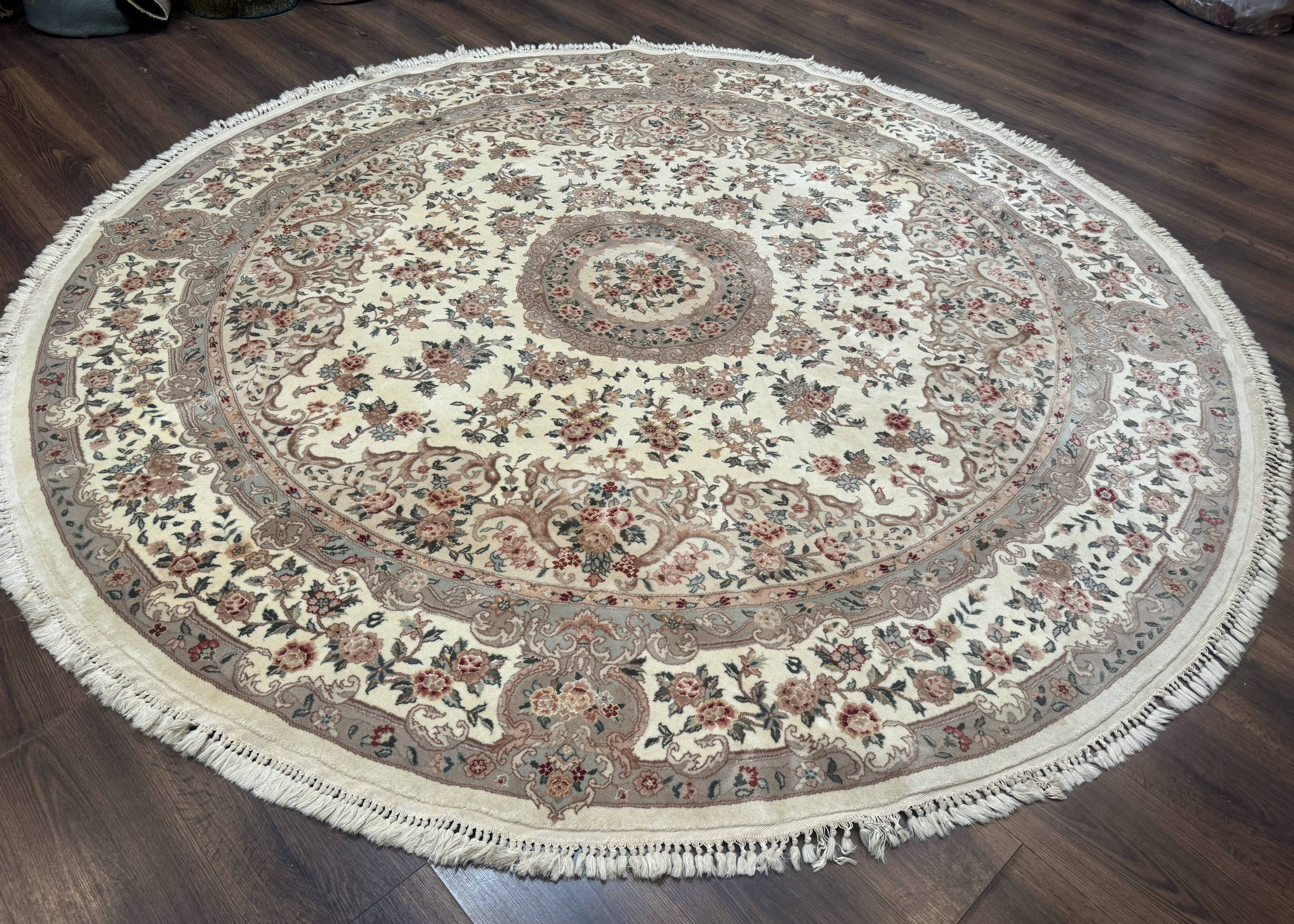 Round Sino Persian Rug 8x8 ft, Wool and Silk, Fine 200 KPSI, Ivory - Jewel Rugs