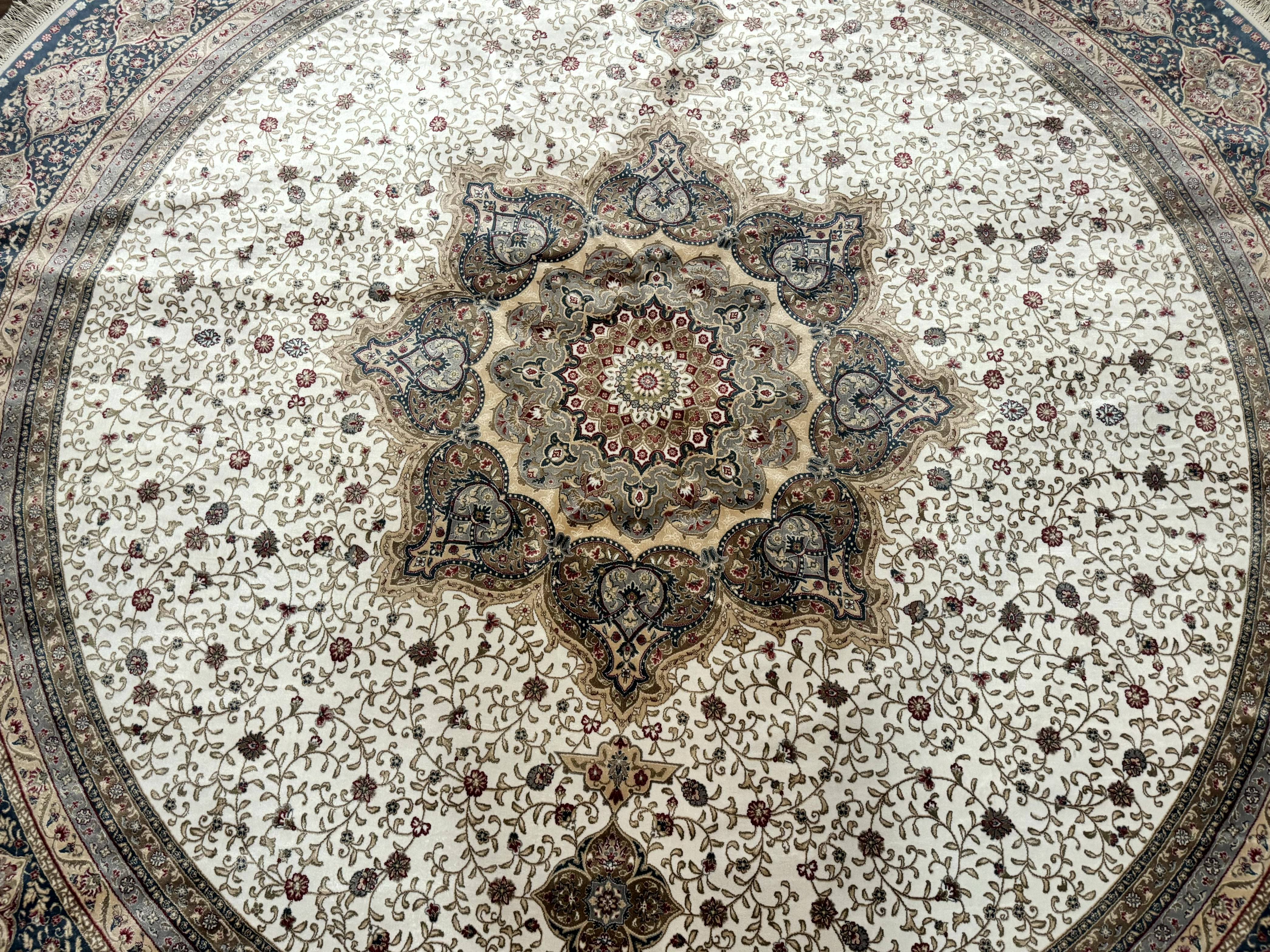 Large Turkish Round Silk Rug 8x8 ft, Floral Medallion, Ivory & Navy Blue, Bamboo Silk, New - Jewel Rugs