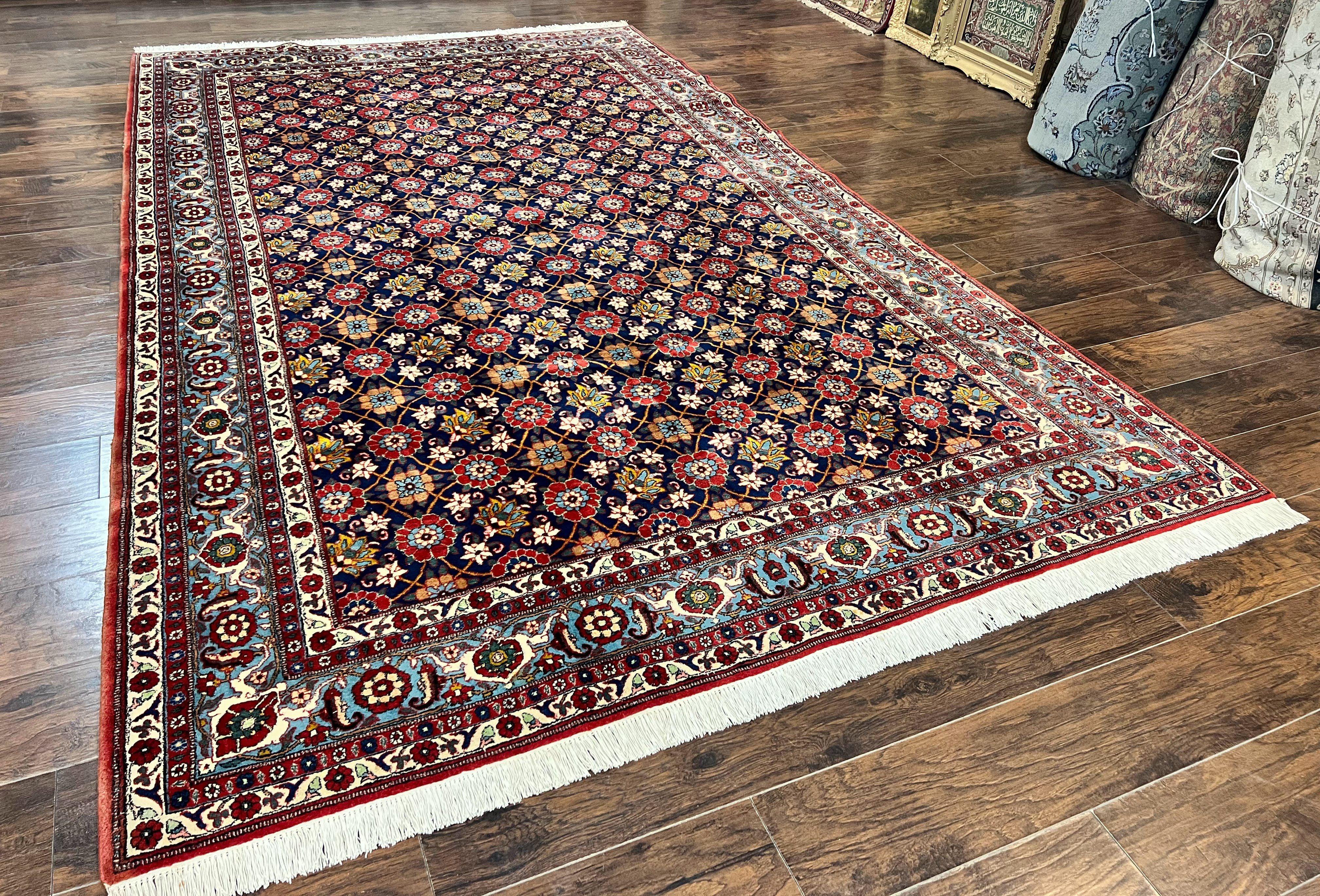 Persian Veramin Rug 7x11, Repeated Allover Pattern, Handmade Vintage Carpet, Navy Blue - Jewel Rugs