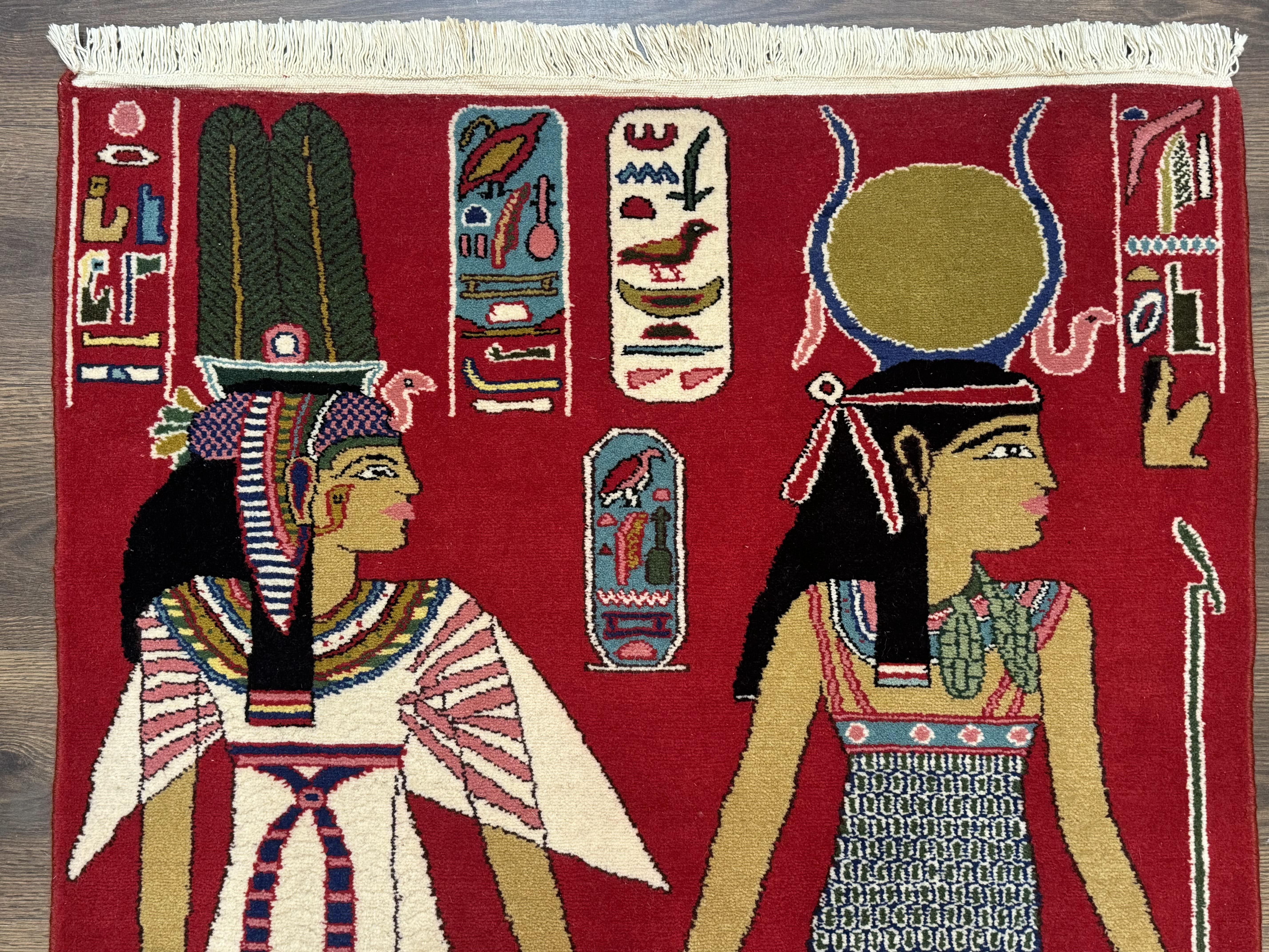 Egyptian Pictorial Rug 3x4, Hieroglyphic Pictorial Rug, Egyptian Prince and Princess, Cleopatra, Vintage Handmade, Red - Jewel Rugs