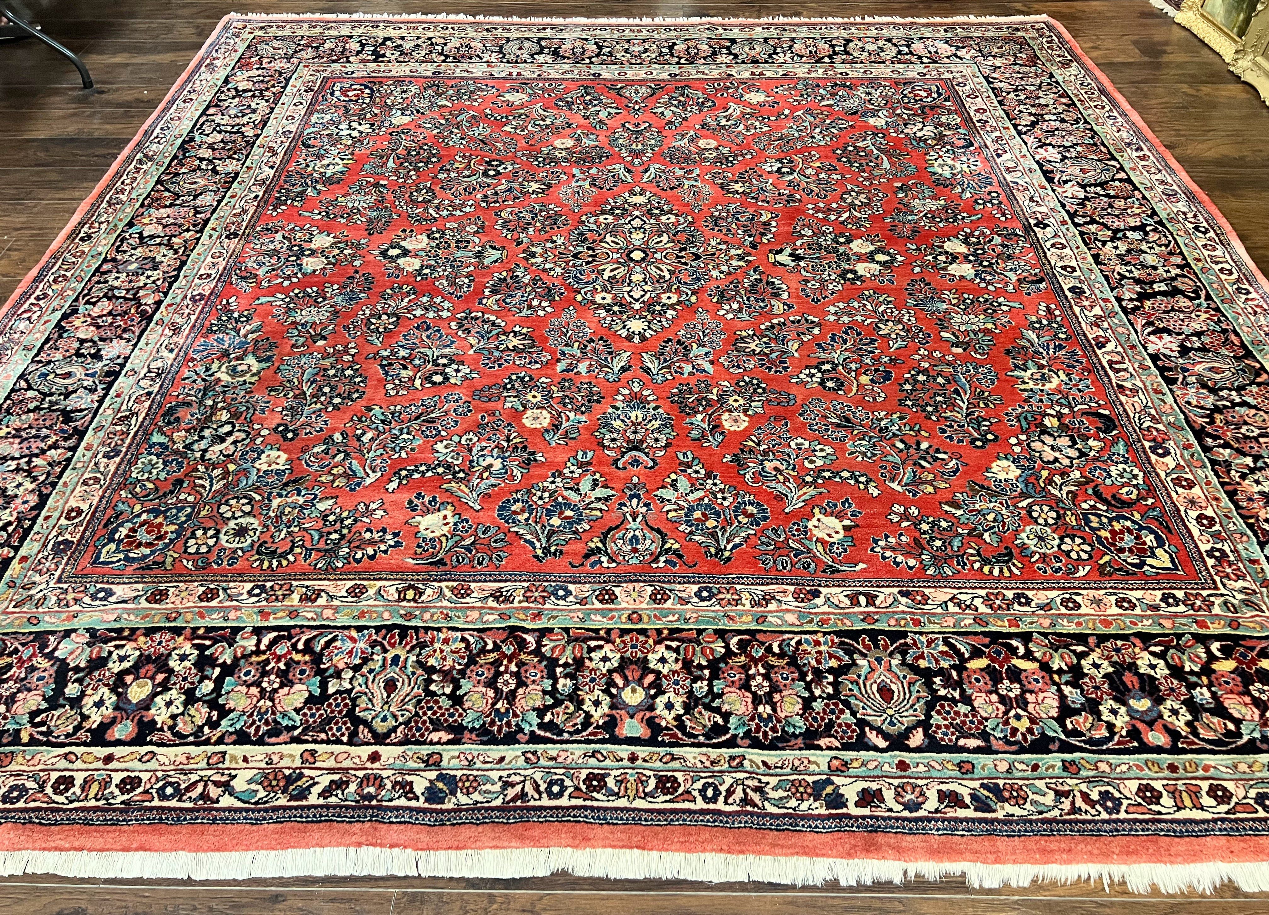Square Persian Sarouk Rug 11x11 ft, Rare Size, Hand Knotted Wool Floral Allover Red Persian Carpet, Handmade Antique Rug - Jewel Rugs