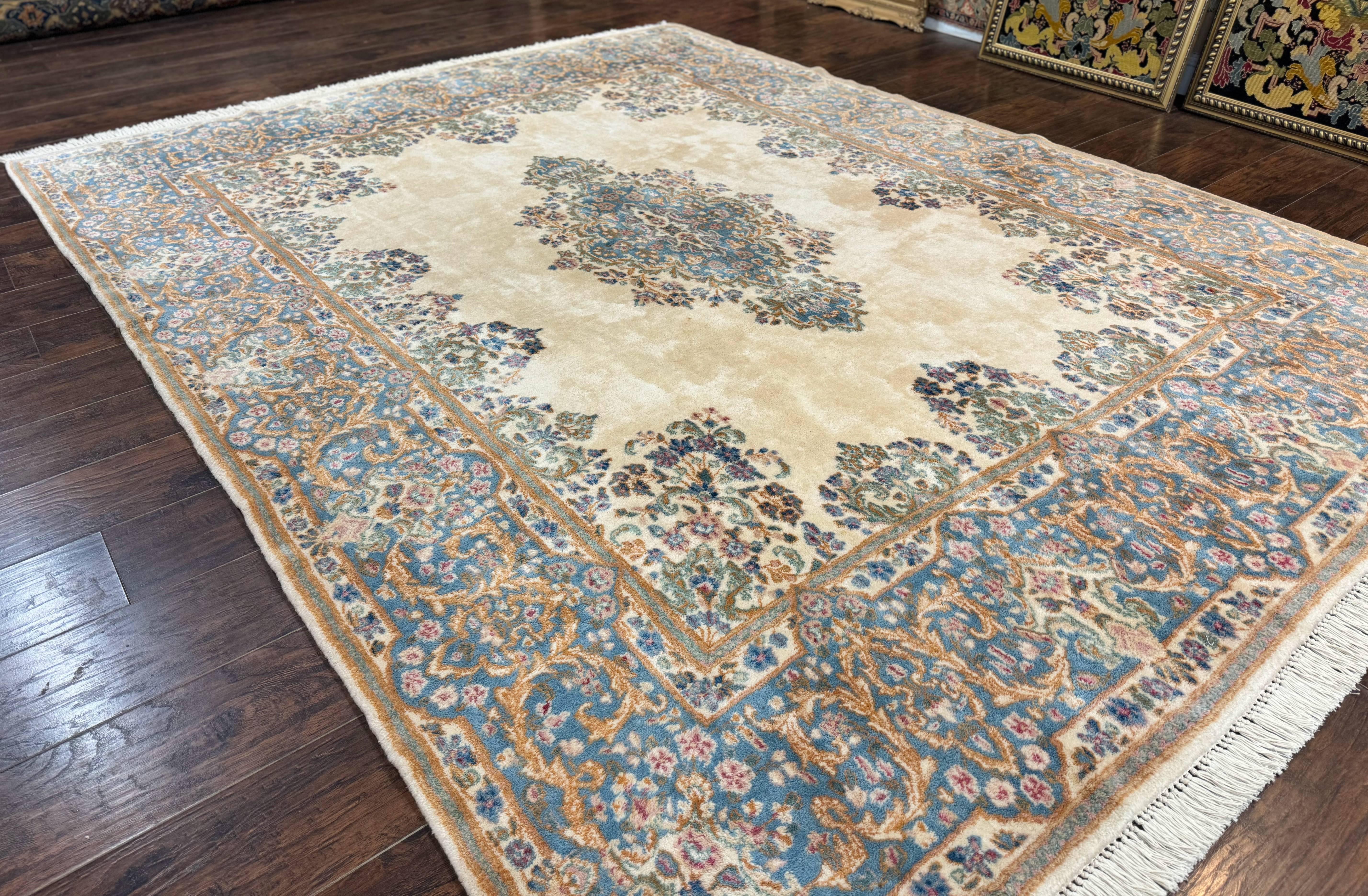 Persian Floral Kirman Rug 8x10, Ivory/Cream and Light Blue, Pastel Colors, Handmade Vintage Wool Carpet, Semi Open Field - Jewel Rugs