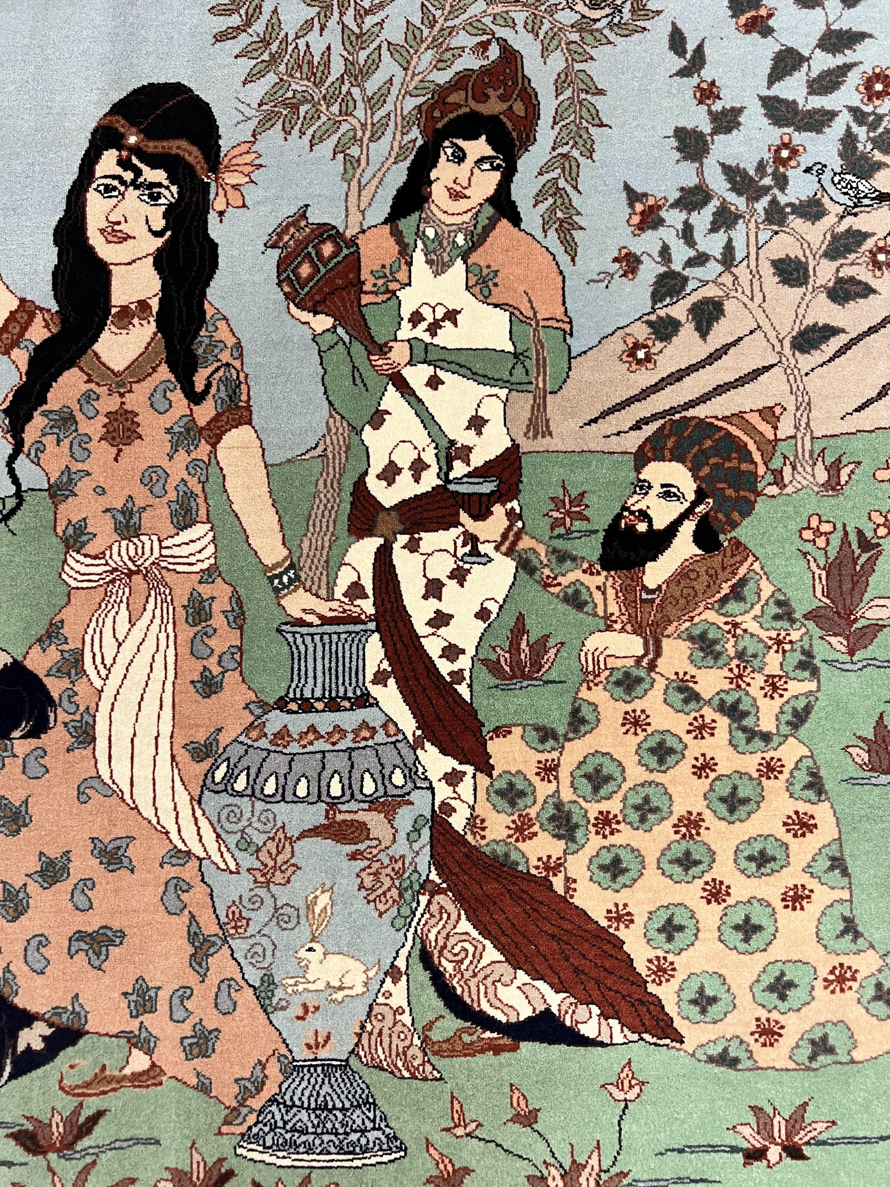 Indo Persian Pictorial Rug 4x7, Handmade Hand Knotted Wool Semi Antique Horizontal Carpet, Men & Women Drinking, Fine Rug, Bird Pictorials - Jewel Rugs