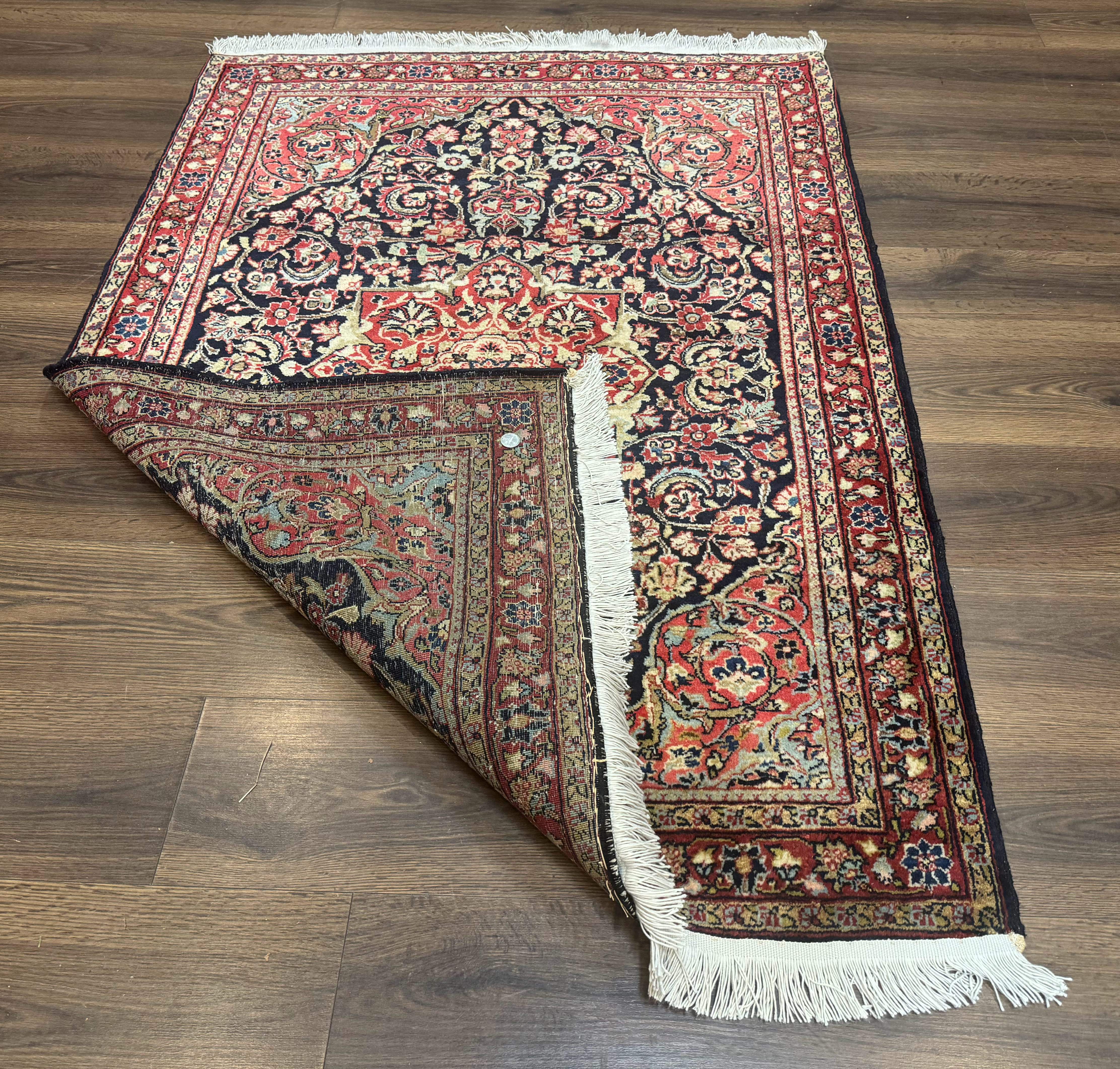 Antique Persian Sarouk Rug 4x5, Dark Blue and Red, Floral Medallion, Fine - Jewel Rugs