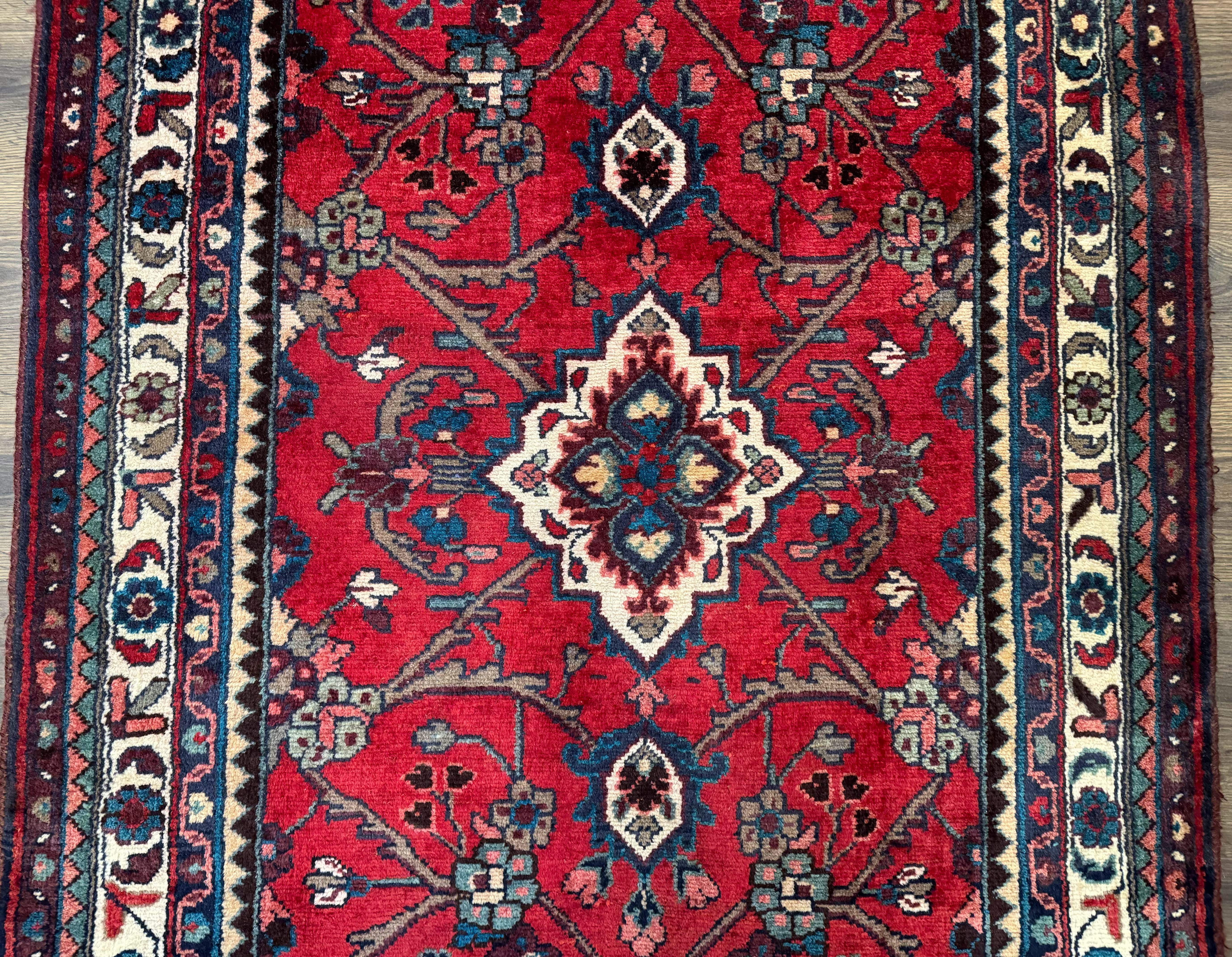 Persian Runner Rug 3.8 x 10, Red, Medallions, Hand Knotted Rug for Hallway, Hamadan Malayer - Jewel Rugs