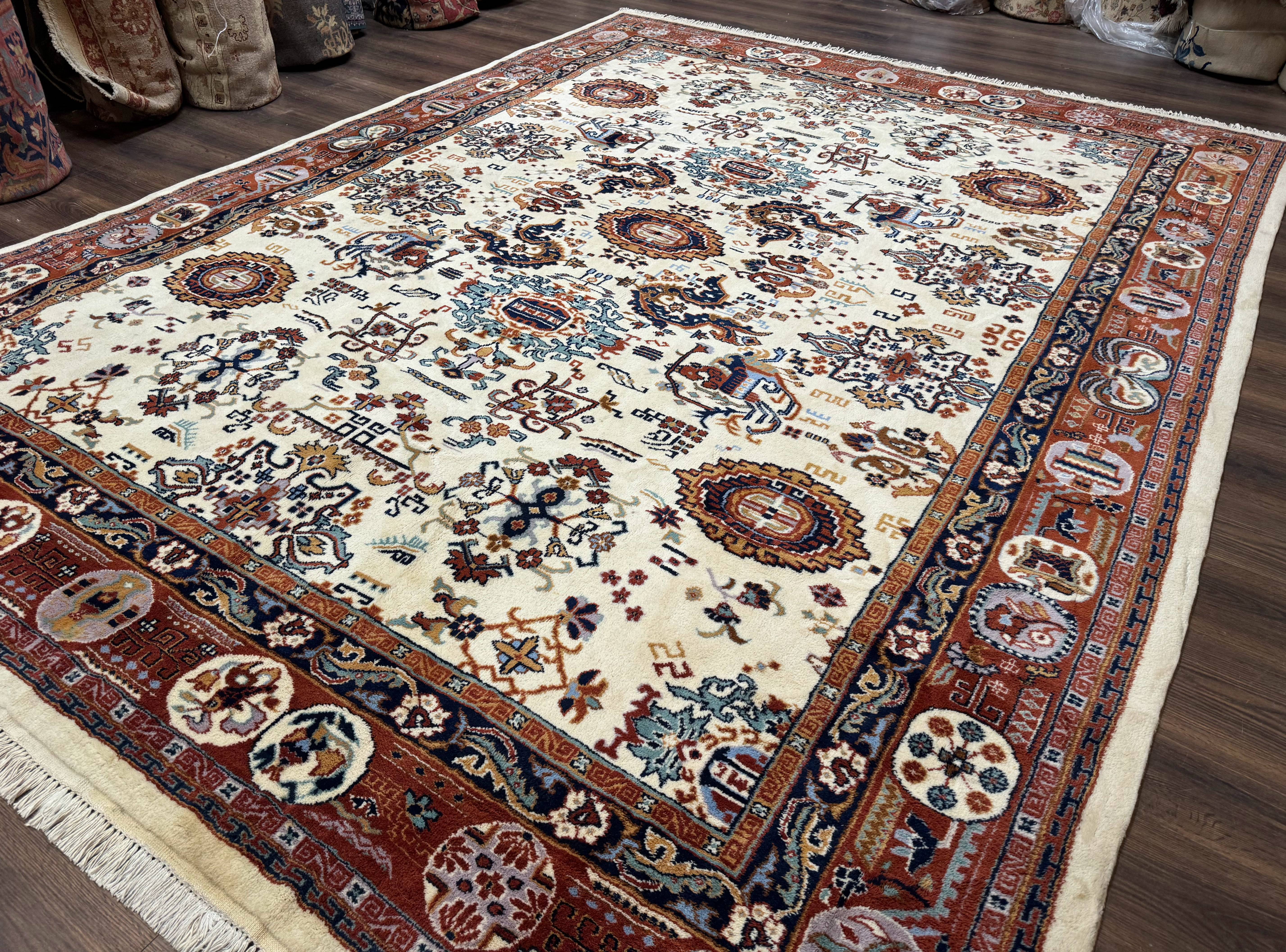 Indo Chinese Wool Rug 9x12, Ivory and Rust Red, Dragon Motifs - Jewel Rugs