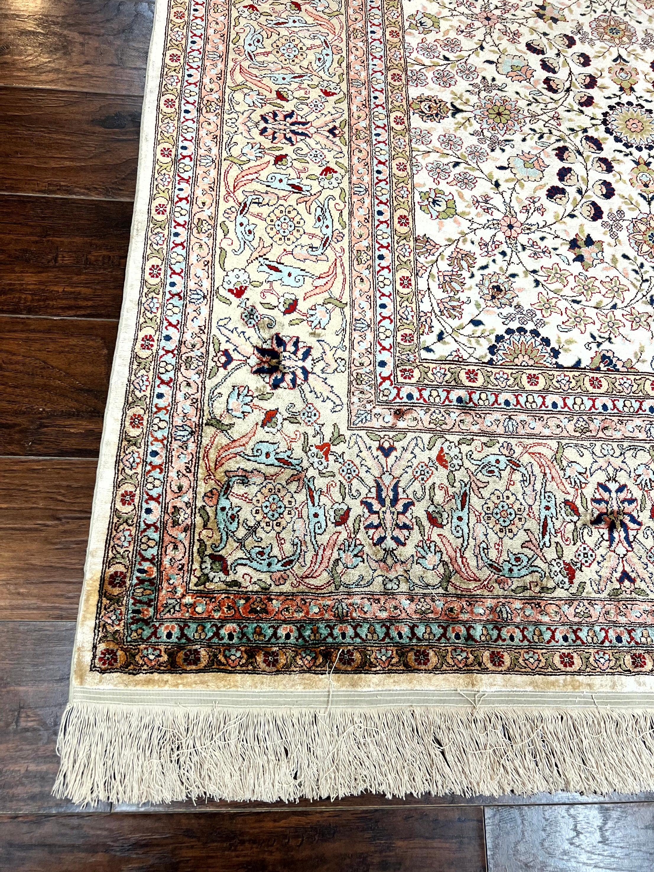 Wonderful Silk Hereke Rug 8x12, Silk Pile on Silk Foundation, Ivory/Cream, Floral Pattern, Handmade, Vintage - Jewel Rugs