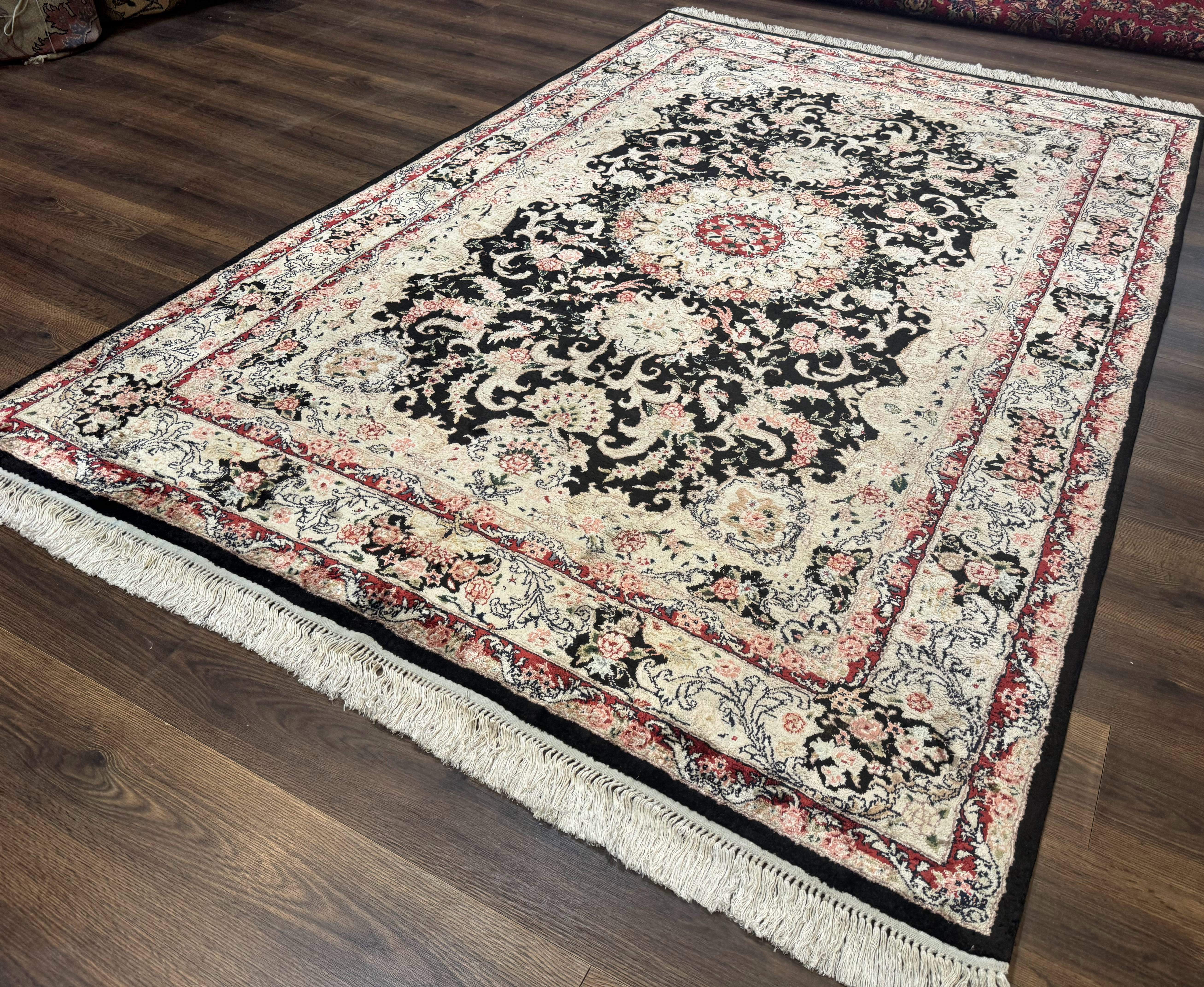 Indian Kashmiri Silk Rug, Floral Medallion, Vintage Hand Knotted Carpet - Jewel Rugs