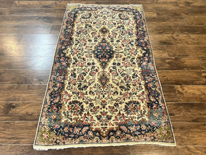 Antique Persian Kirman Rug 4x7, Cream and Navy Blue, Hand Knotted Wool Floral Carpet