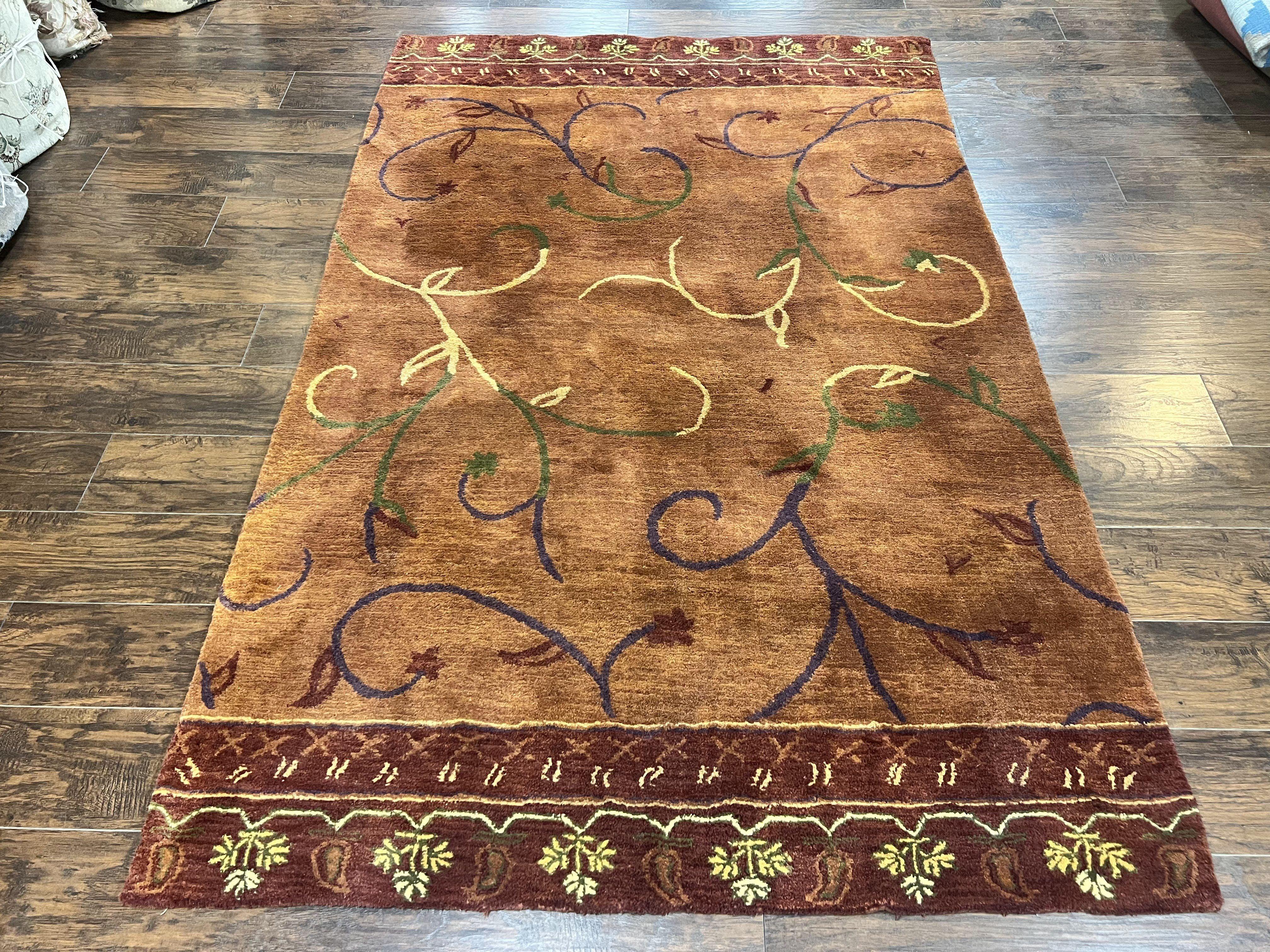 Pottery Barn Rug 5x8, Vintage Hand Tufted Carpet, Wool and Silk, Rust & Maroon - Jewel Rugs